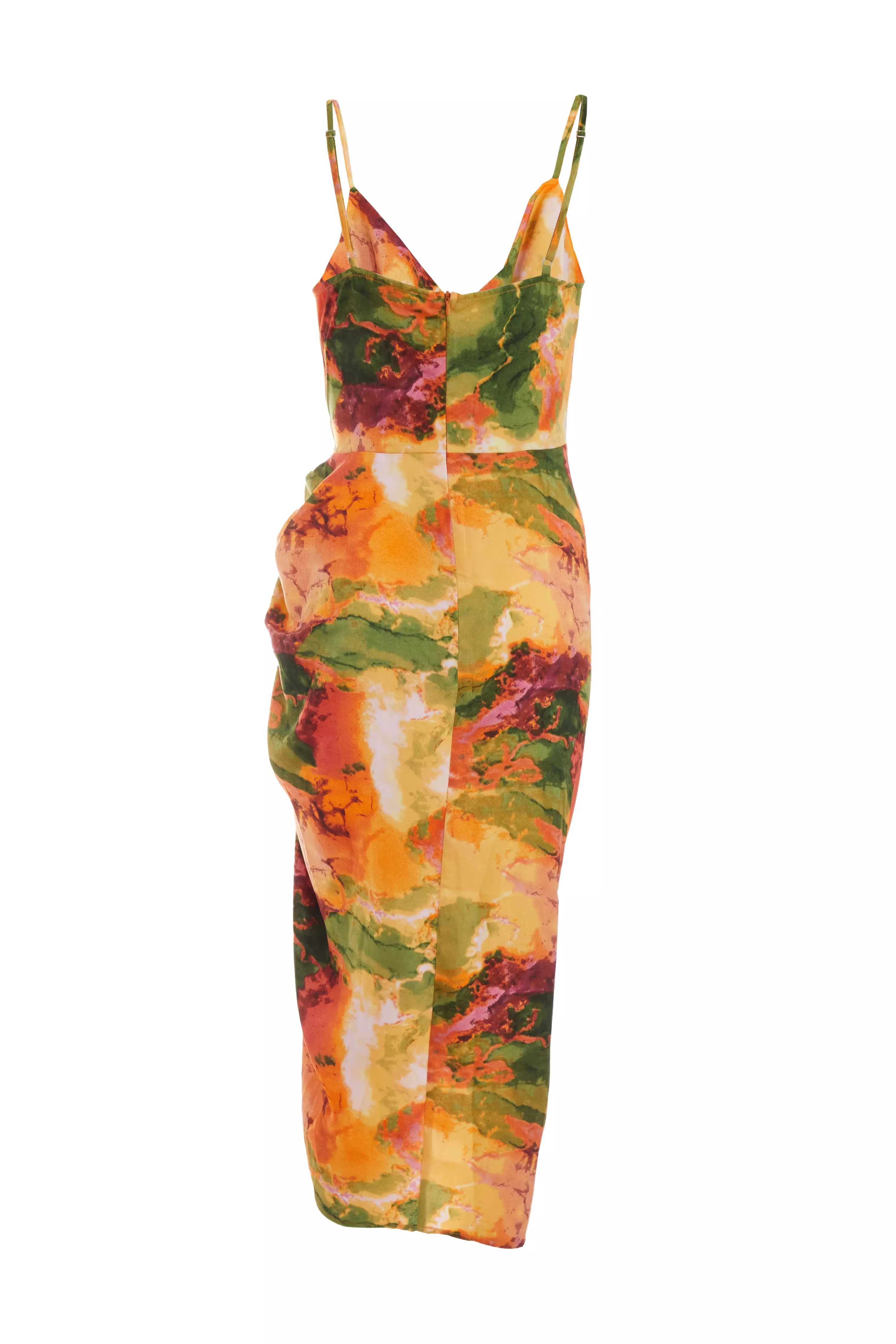 Multicoloured Satin Marble Print Ruched Midi Dress - QUIZ Clothing