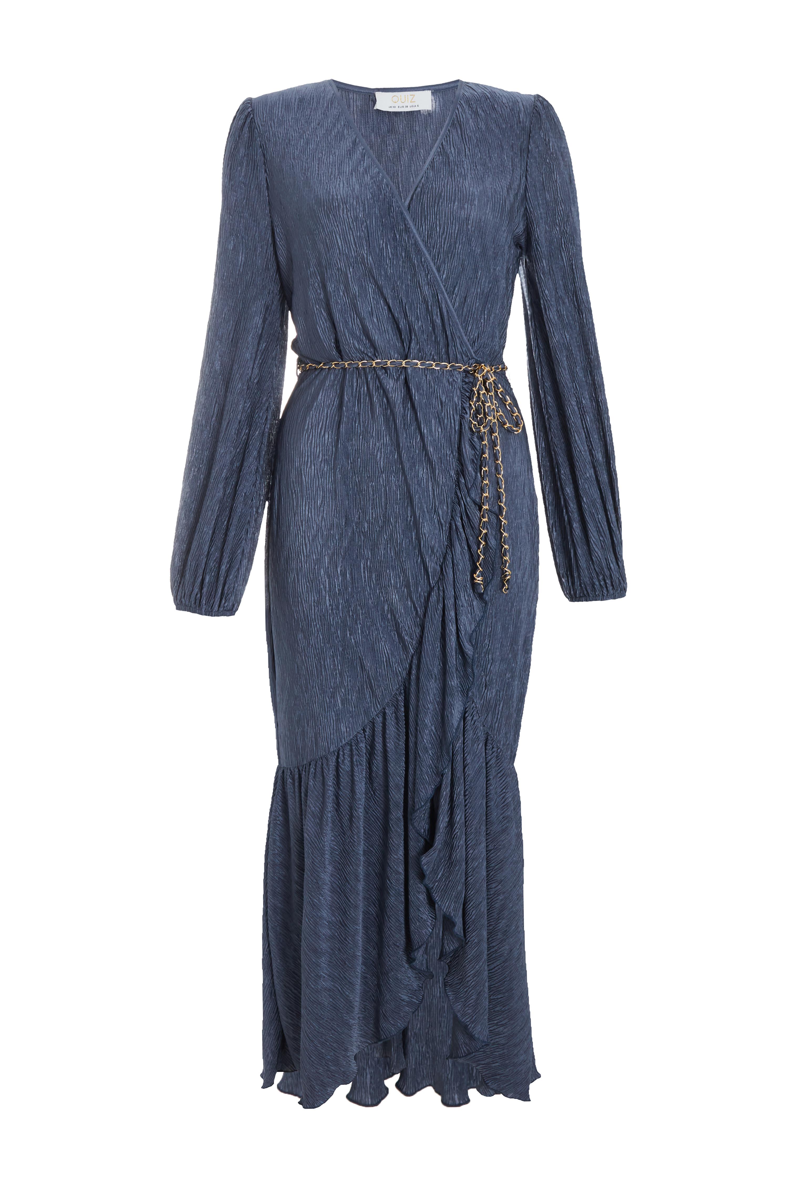 Blue Textured Long Sleeve Midi Dress QUIZ Clothing