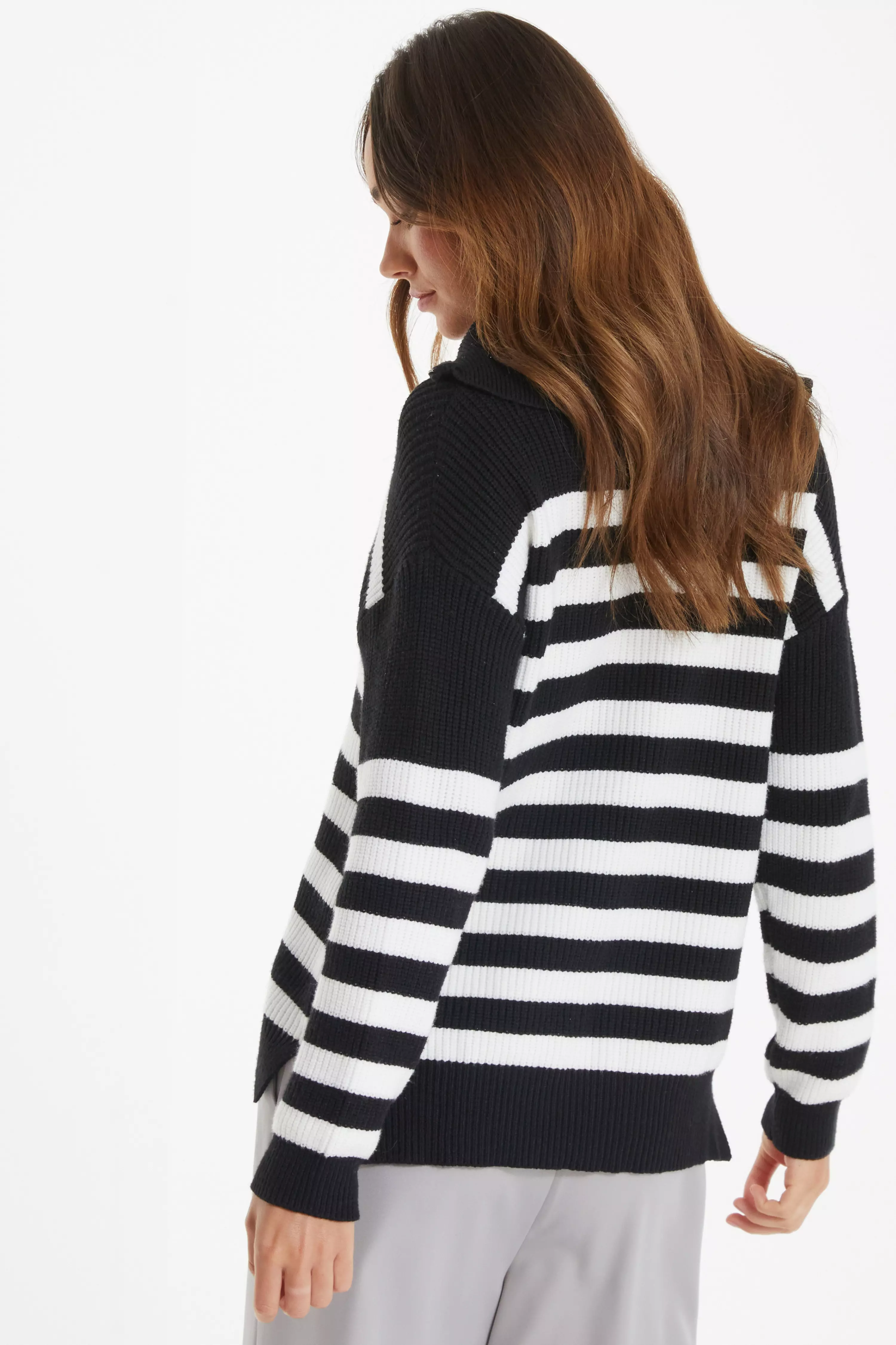 Black Knitted Stripe Zip Jumper QUIZ Clothing