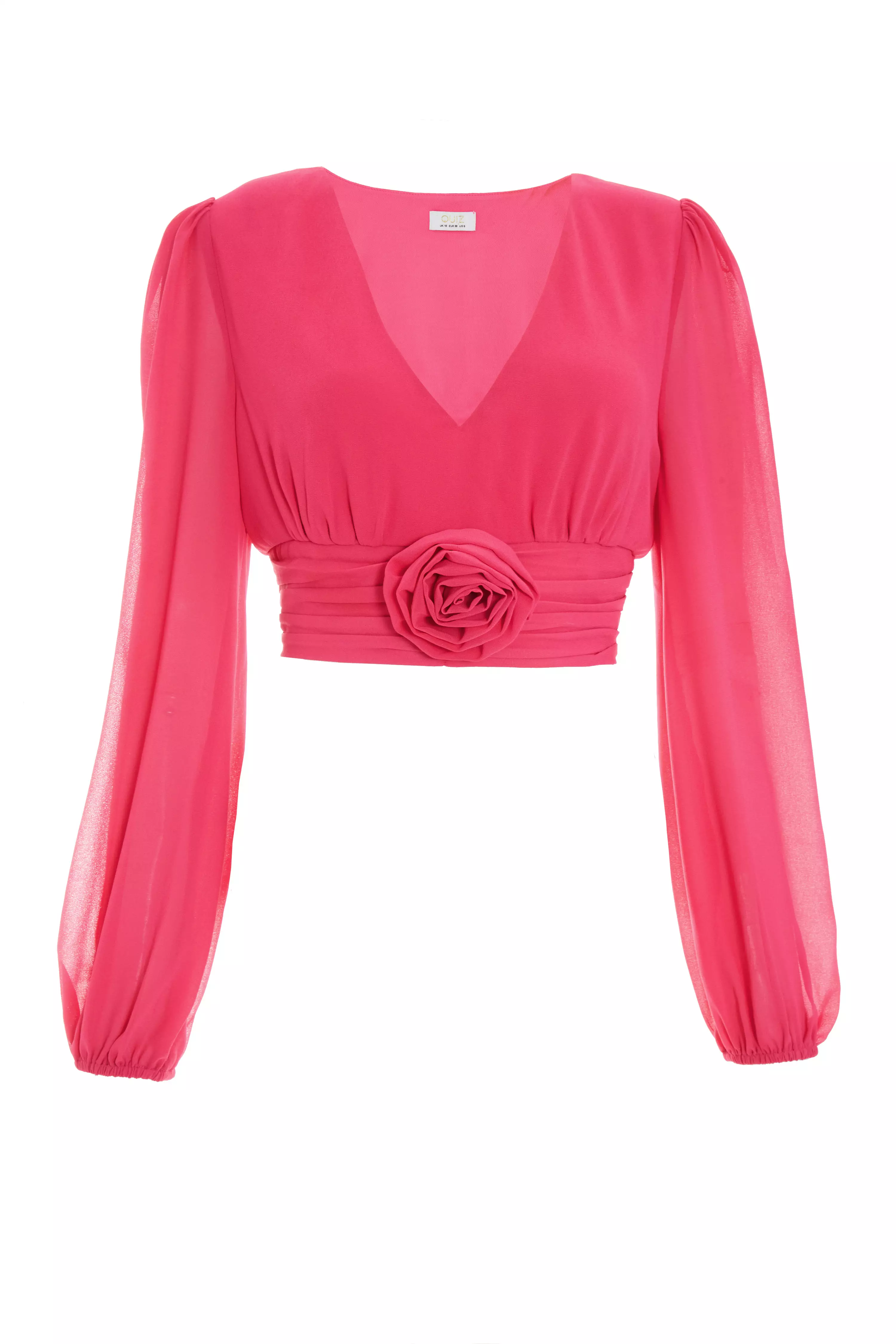 Pink Flower Long Sleeve Crop Top QUIZ Clothing