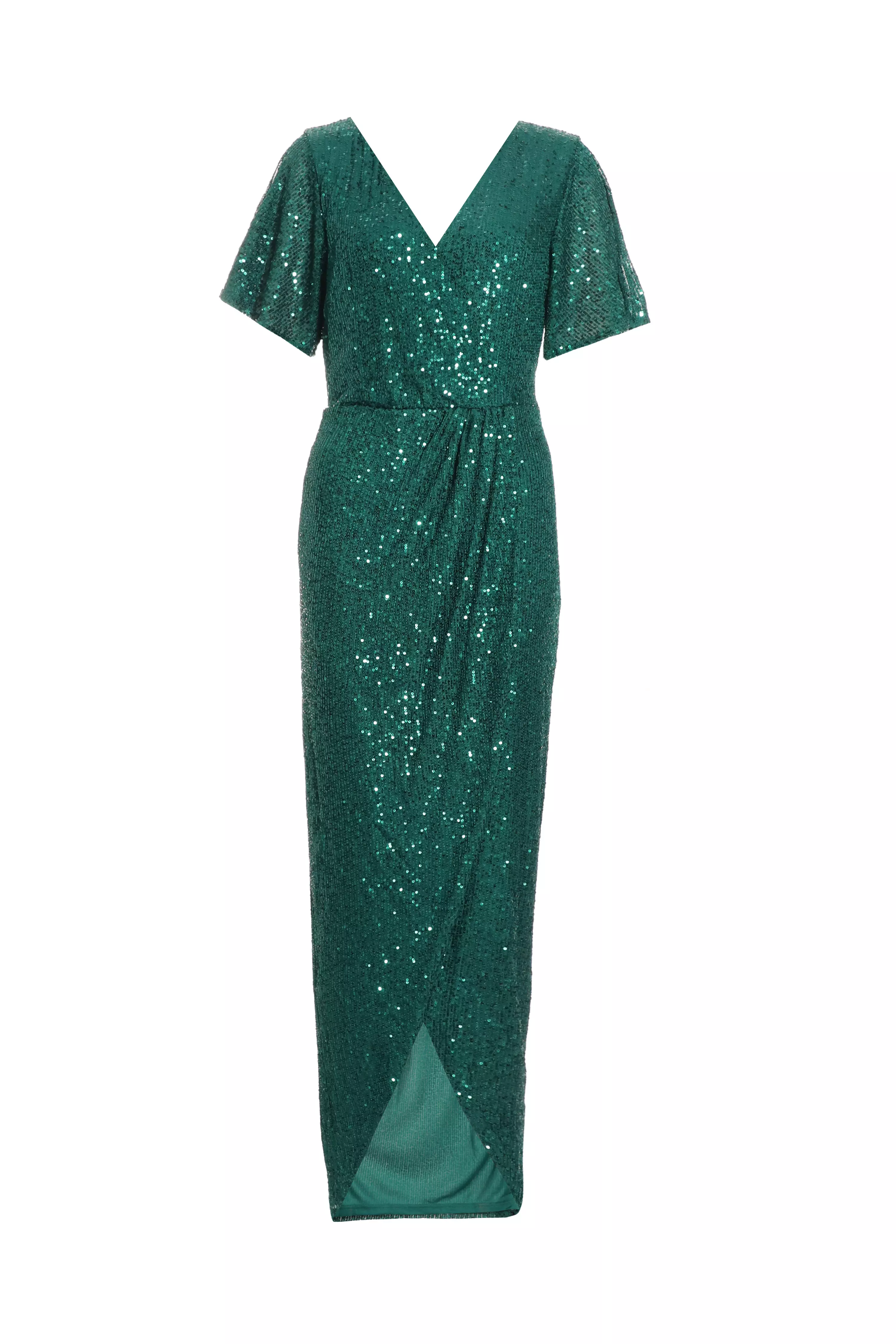 Bottle Green Sequin Wrap Maxi Dress - QUIZ Clothing