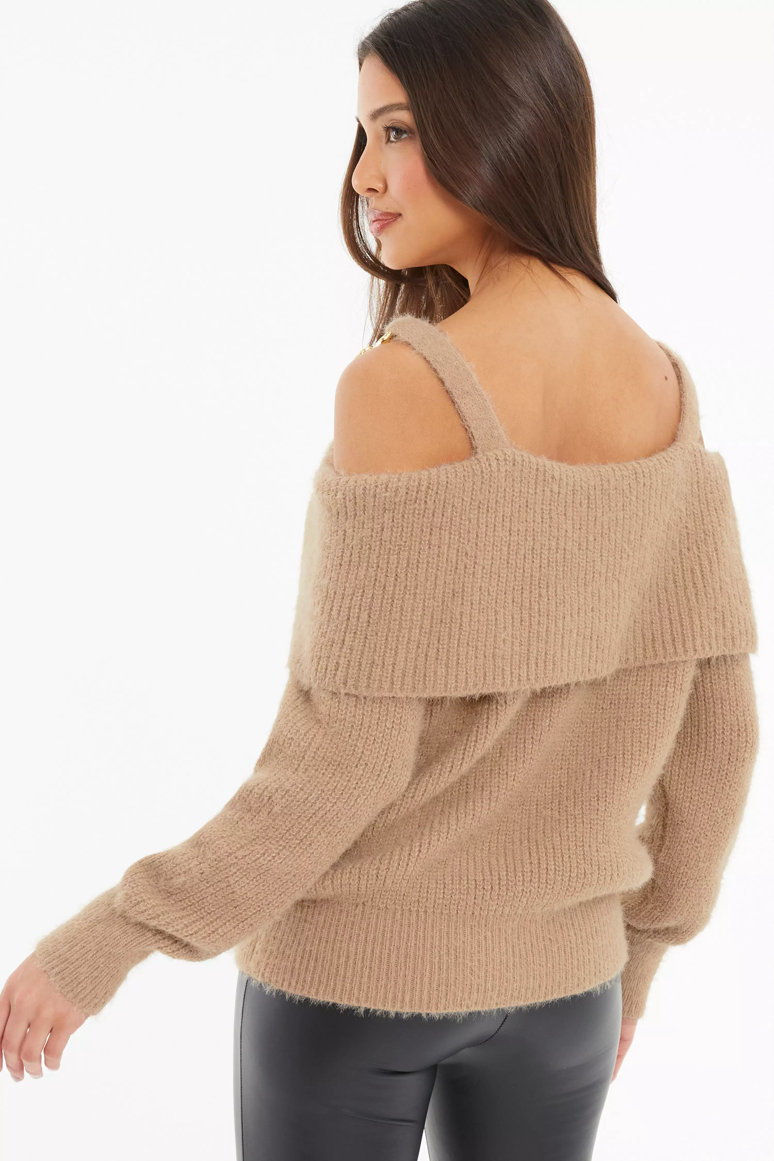 Stone Knitted Off Shoulder Fluffy Jumper QUIZ Clothing