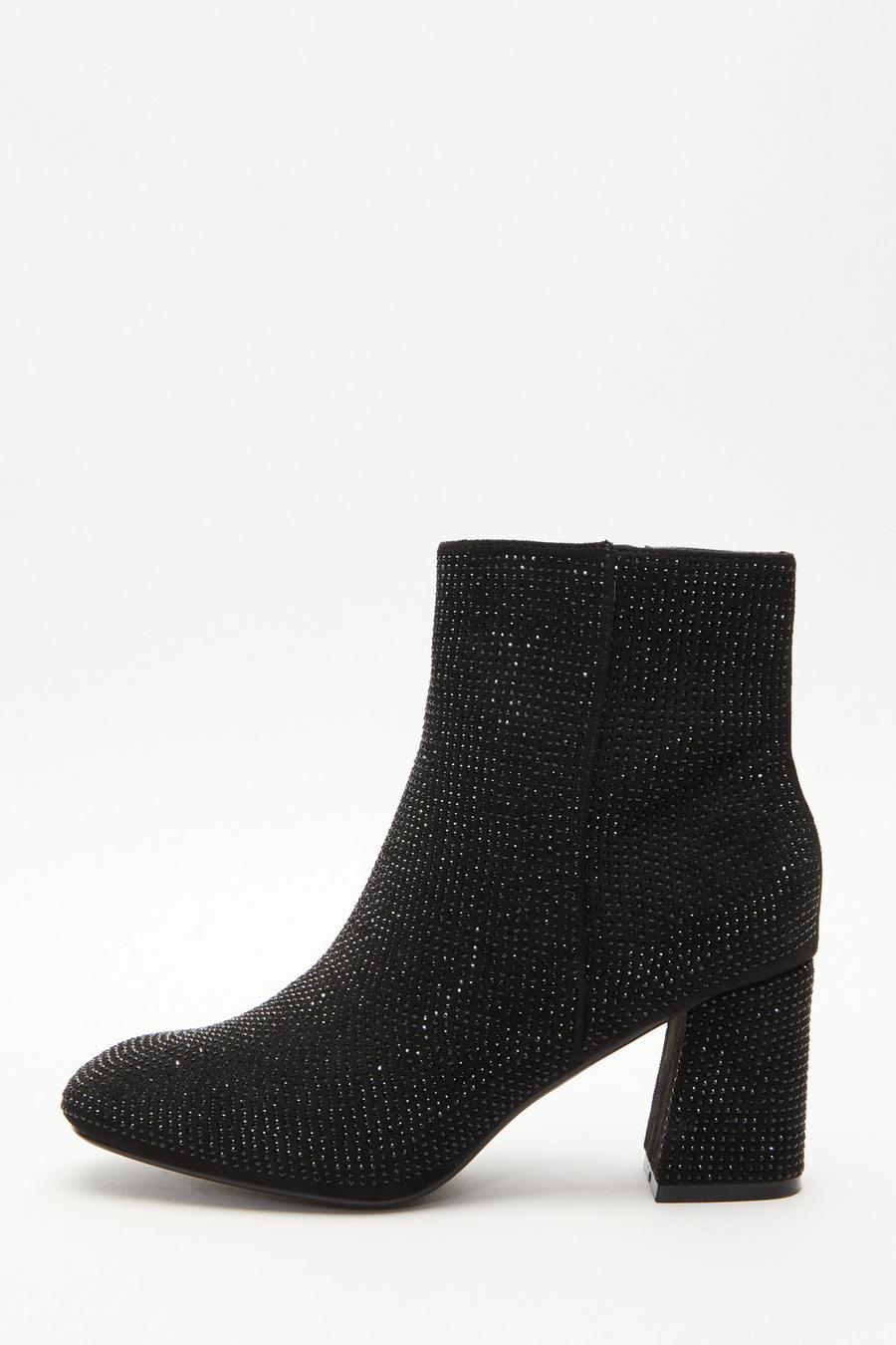 Black Diamante Heeled Ankle Boots Quiz Clothing