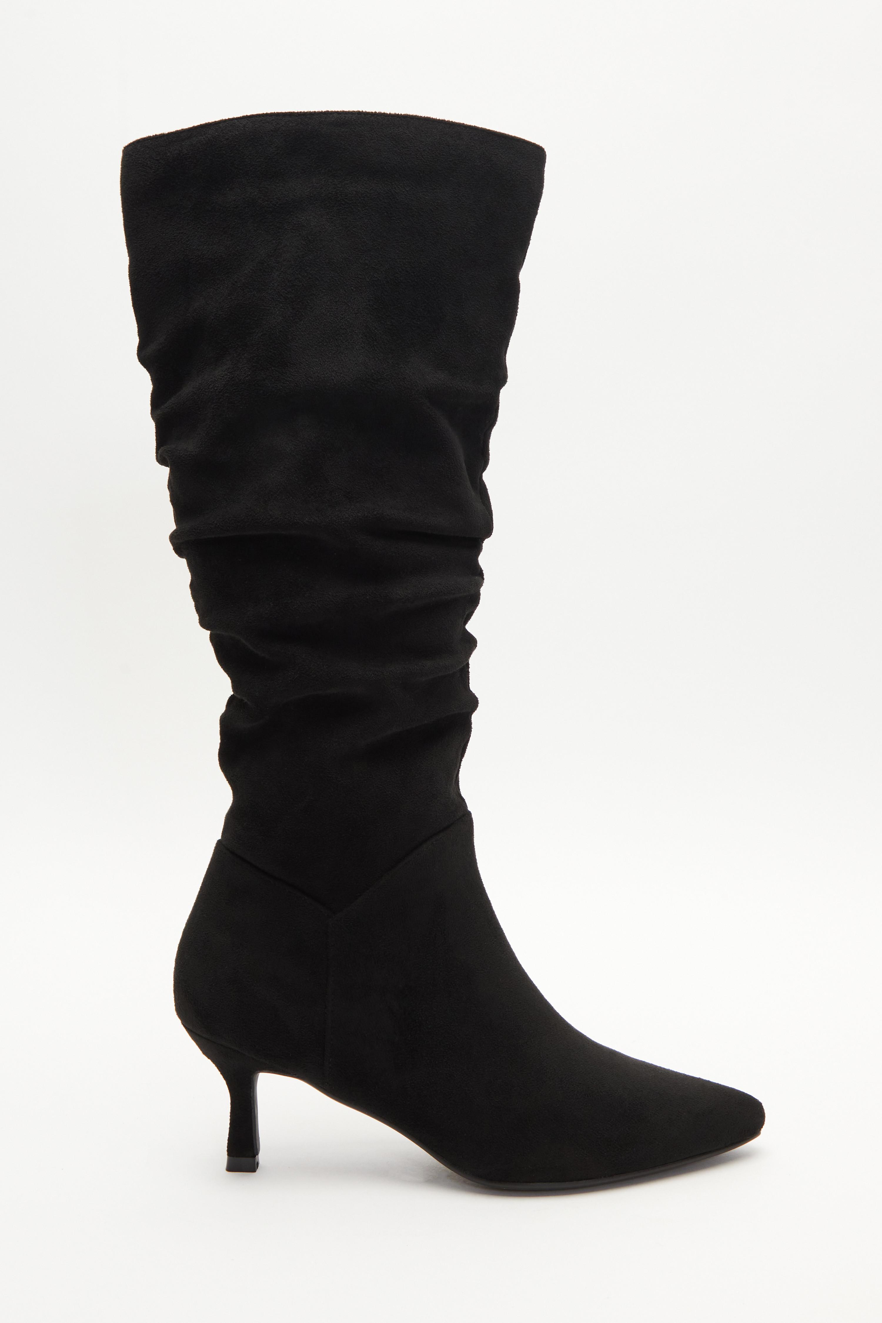 Black Ruched Knee High Heeled Boots