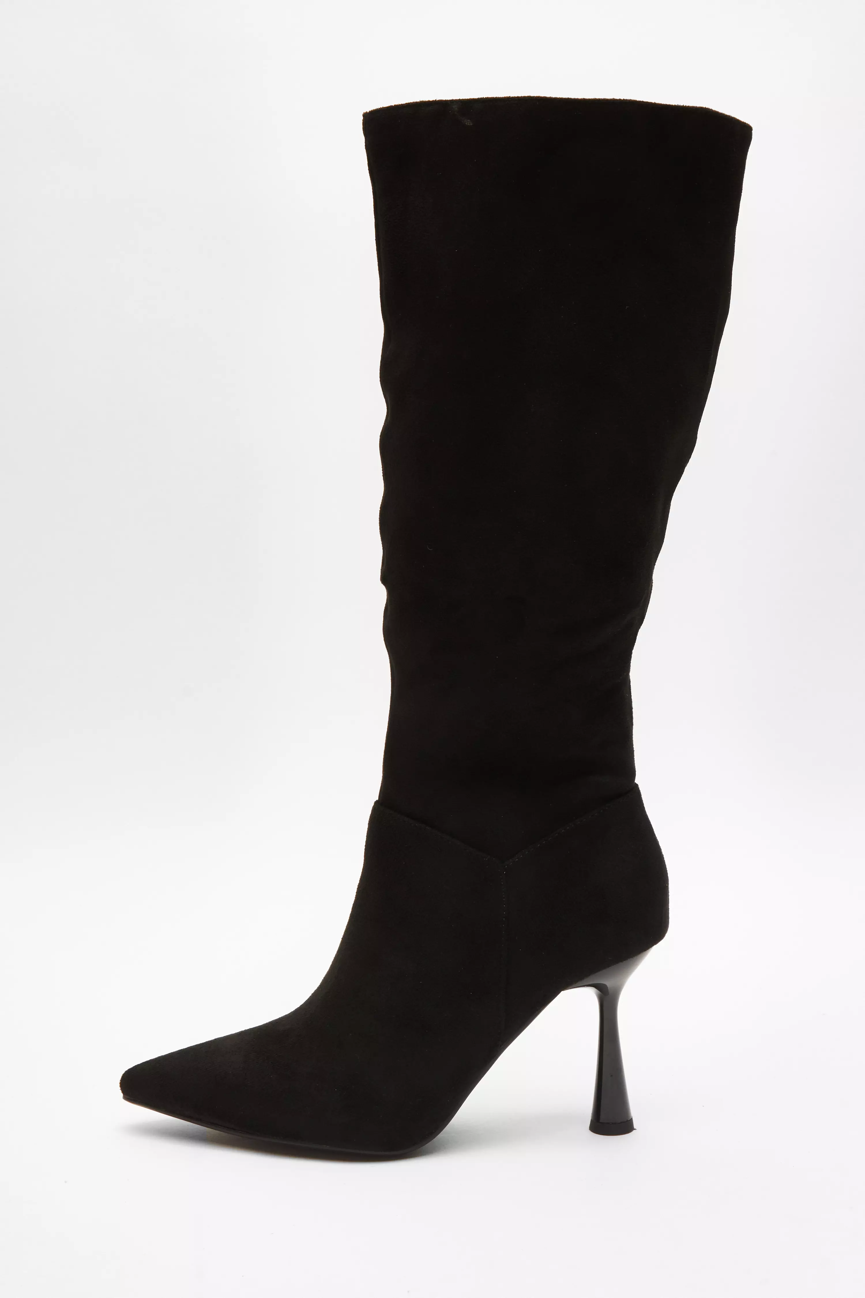 Black Faux Suede Knee High Heeled Boots - QUIZ Clothing