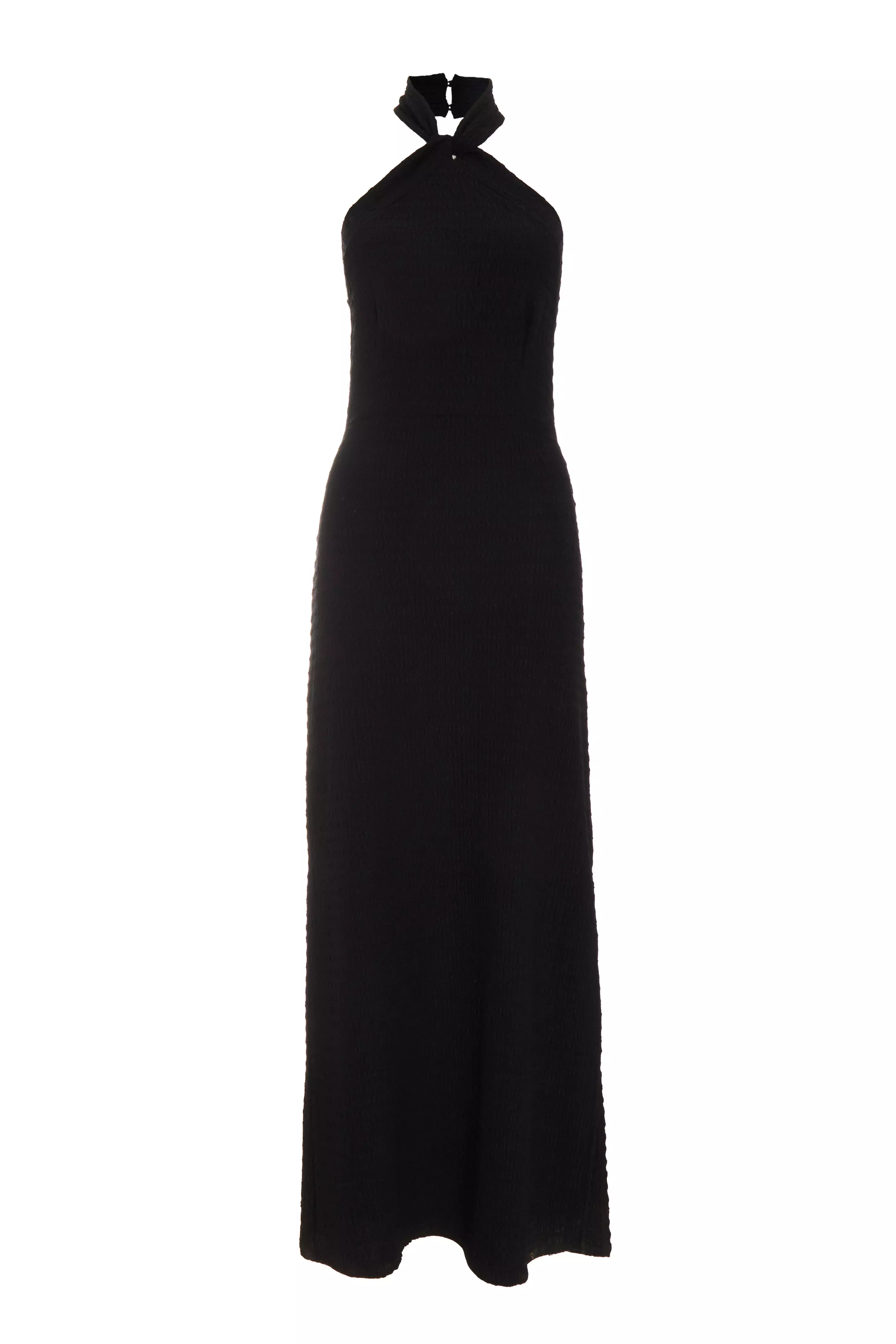 Petite Black Halterneck Textured Maxi Dress - QUIZ Clothing