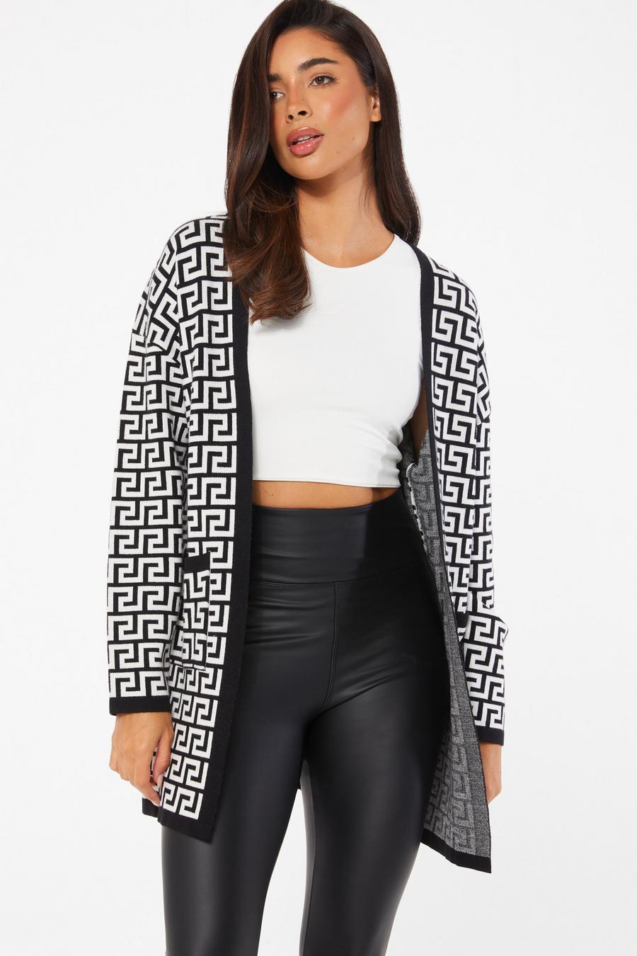 Black Trim Geometric Print Knitted Cardigan - Quiz Clothing