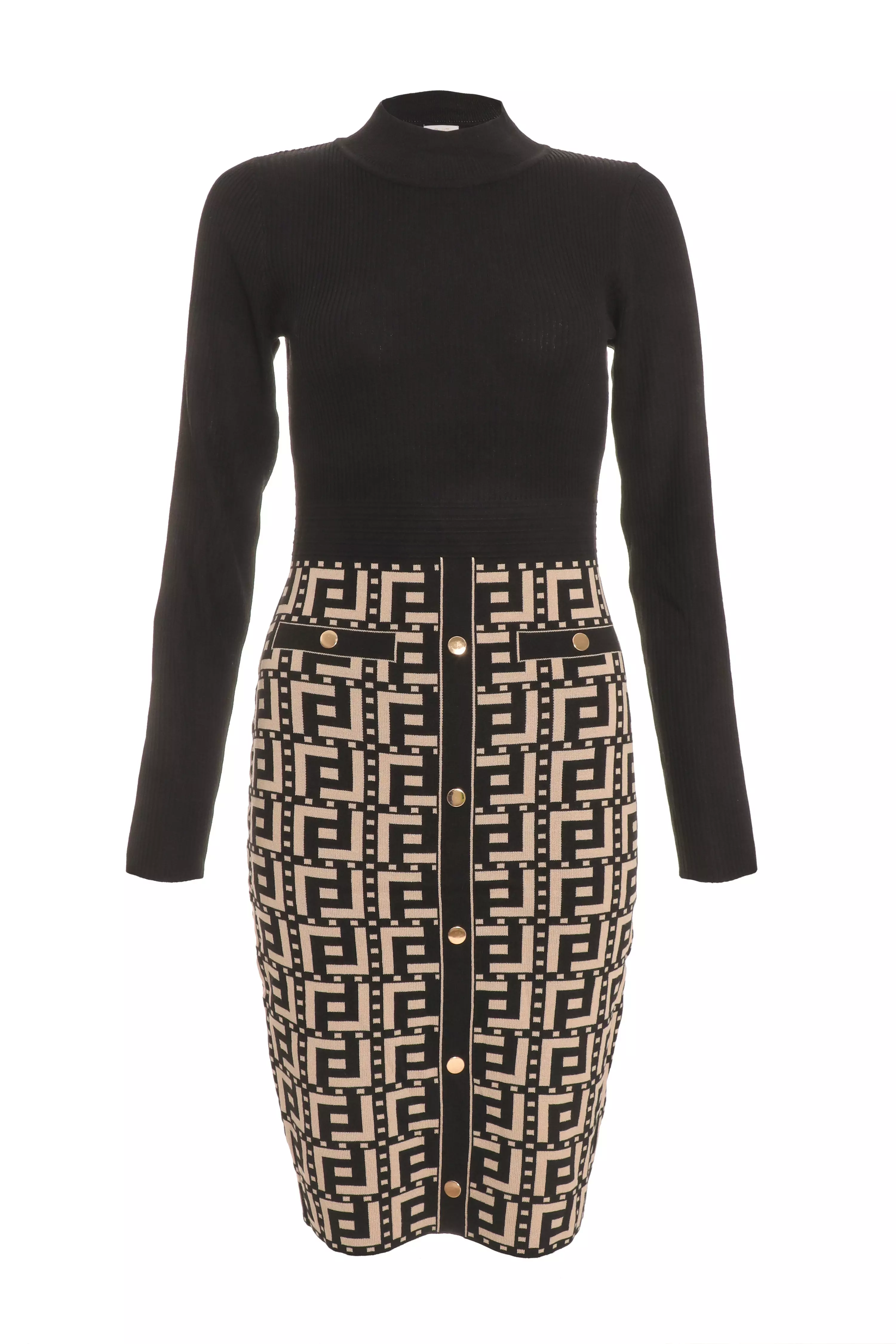 Black Geometric Print Knitted Jumper Dress - Quiz Clothing