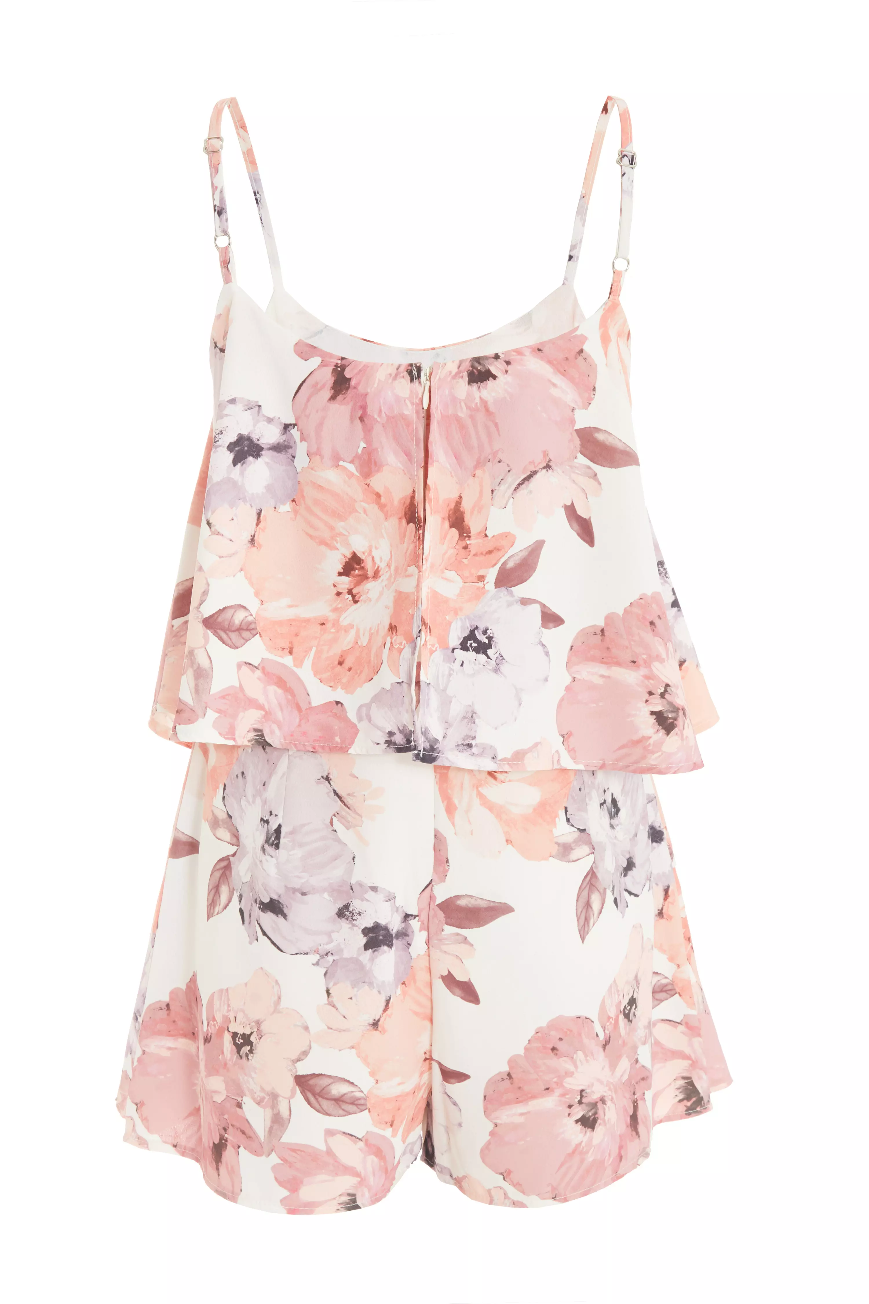 Pink Floral Satin Frill Playsuit QUIZ Clothing