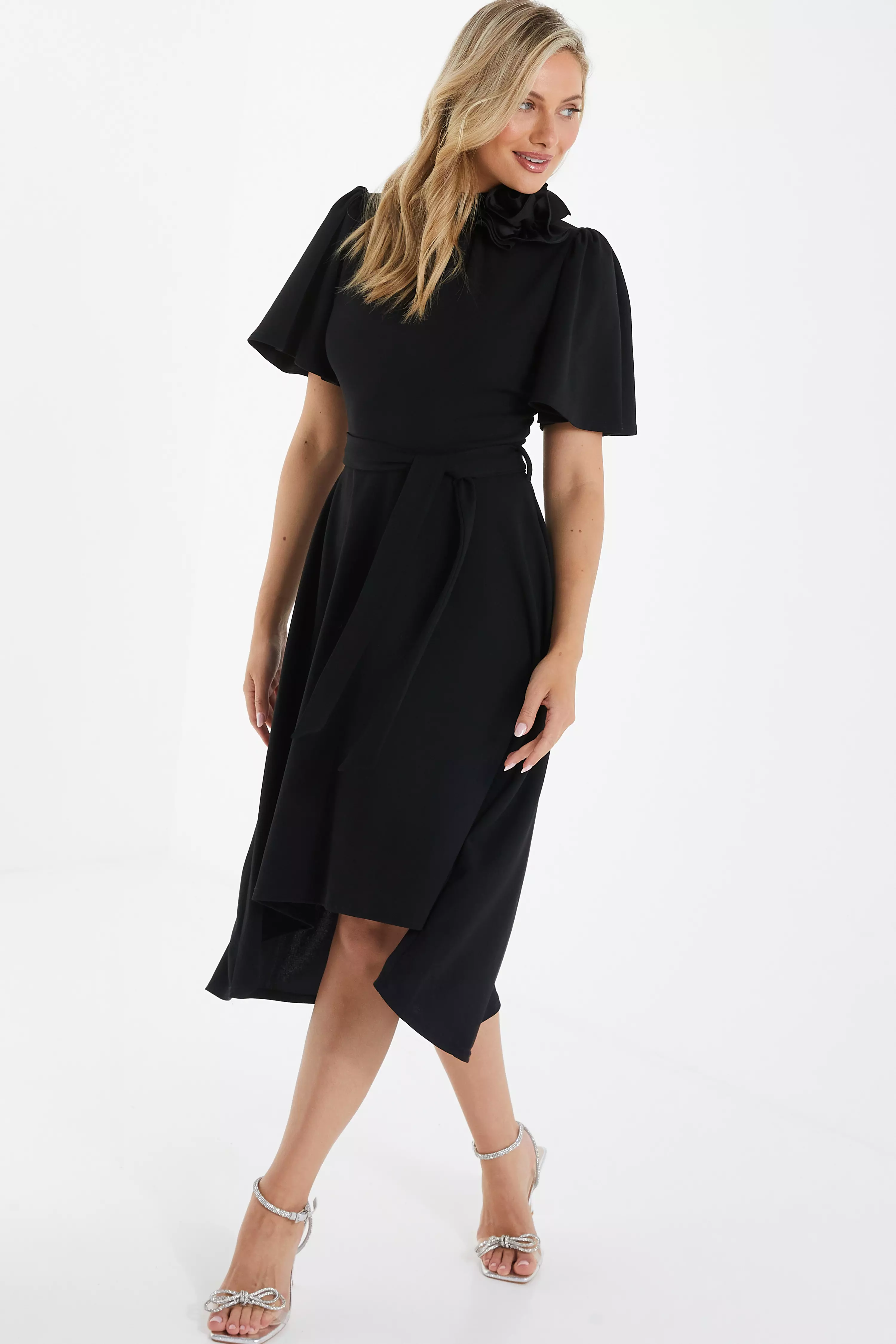 Black Dip Hem Flower Midi Dress - QUIZ Clothing