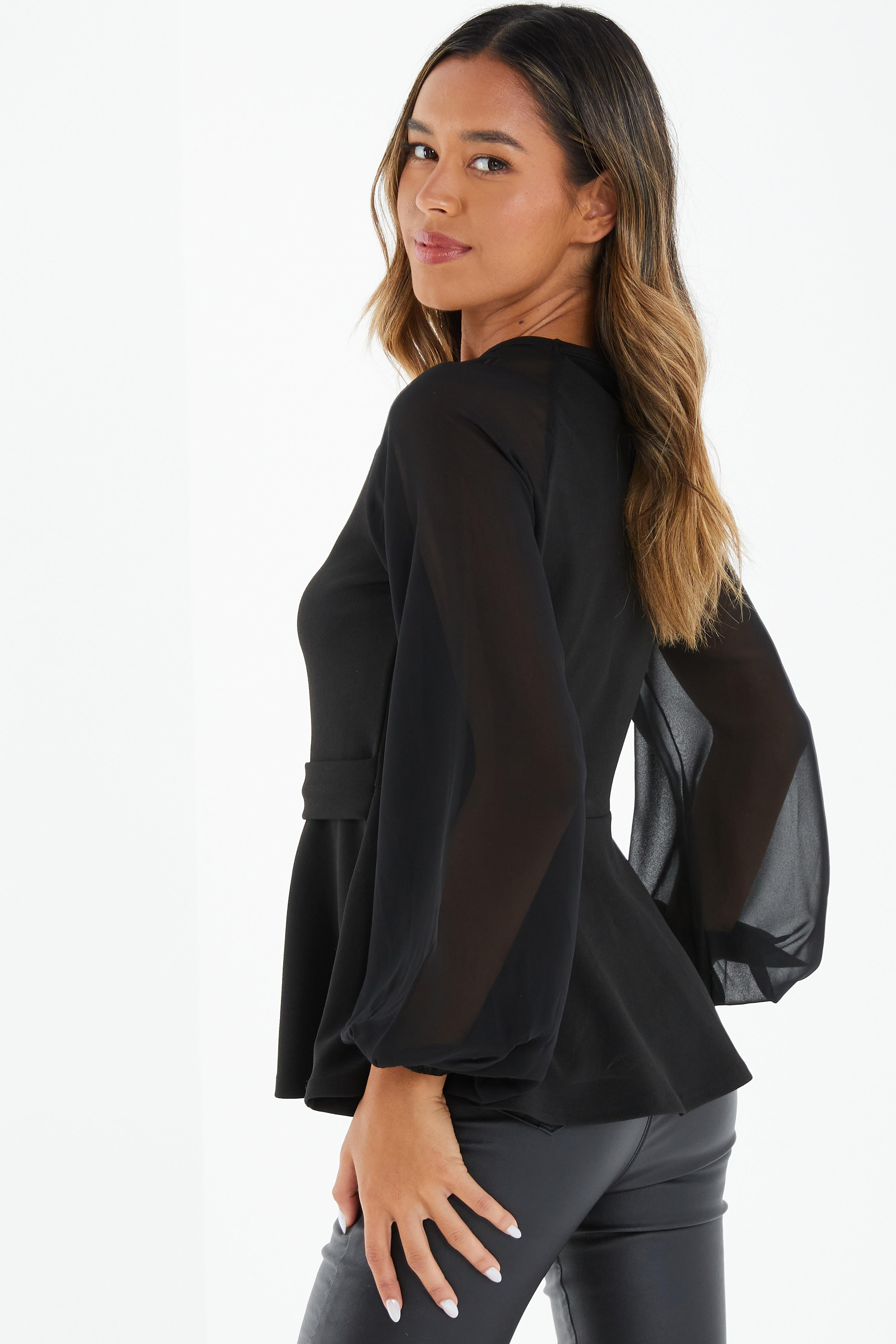 Black Chiffon Long Sleeve Top QUIZ Clothing