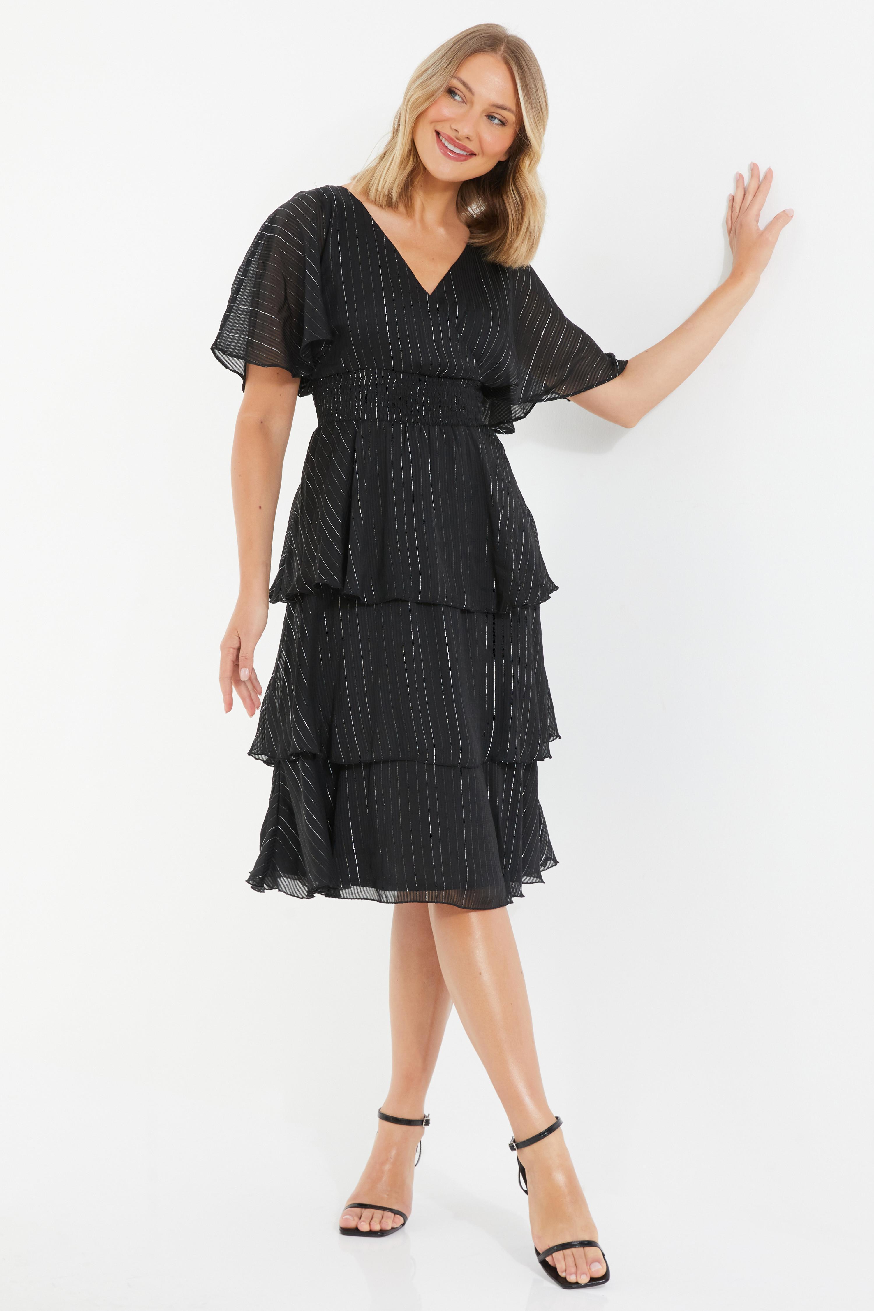 Black Glitter Chiffon Tiered Midi Dress