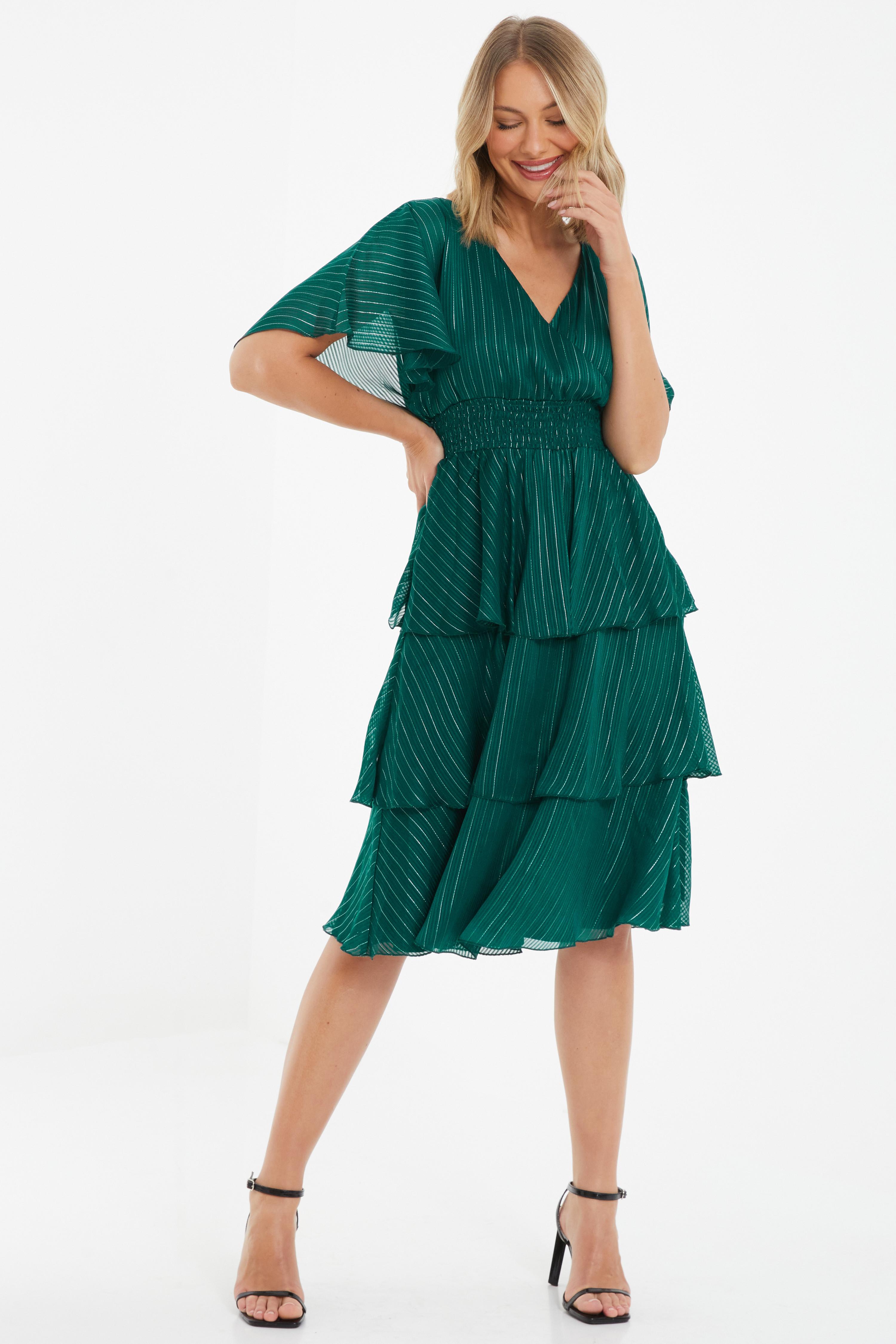 Green Glitter Chiffon Tiered Midi Dress