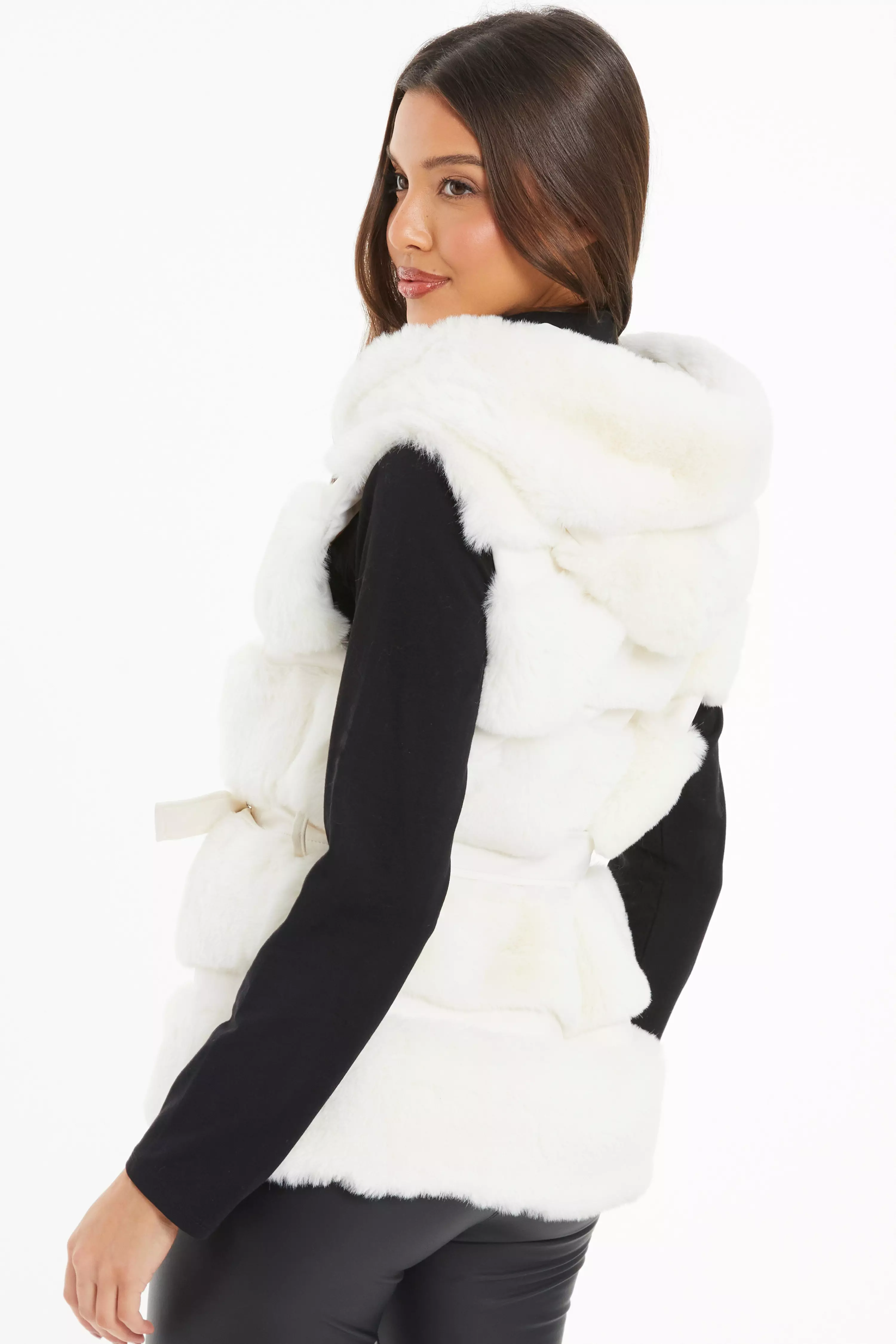 Cream Faux Fur Hooded Gilet QUIZ Clothing