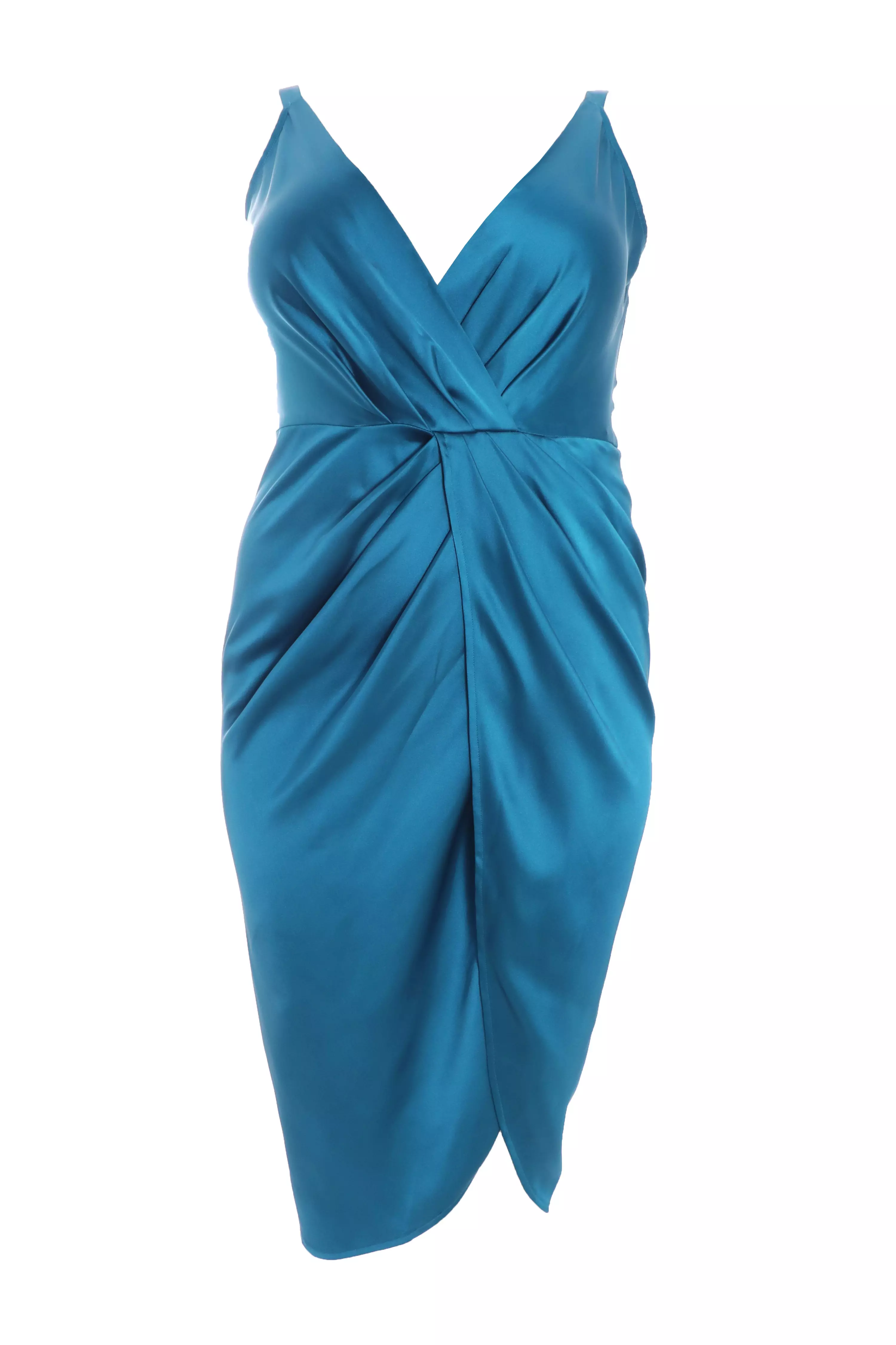 Curve Teal Satin Ruched Midi Dress - QUIZ Clothing