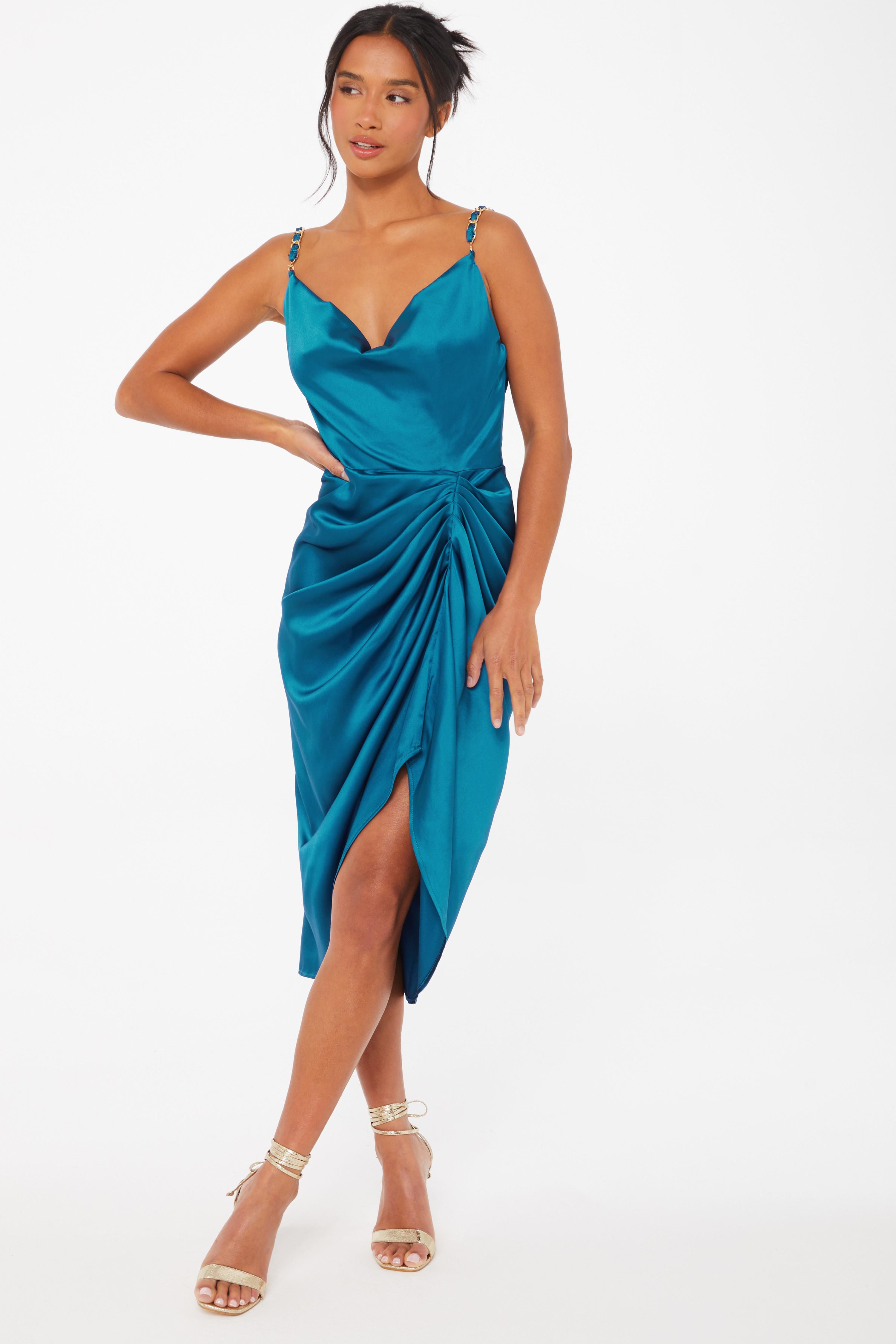 Petite Blue Satin Tiered Midi Dress