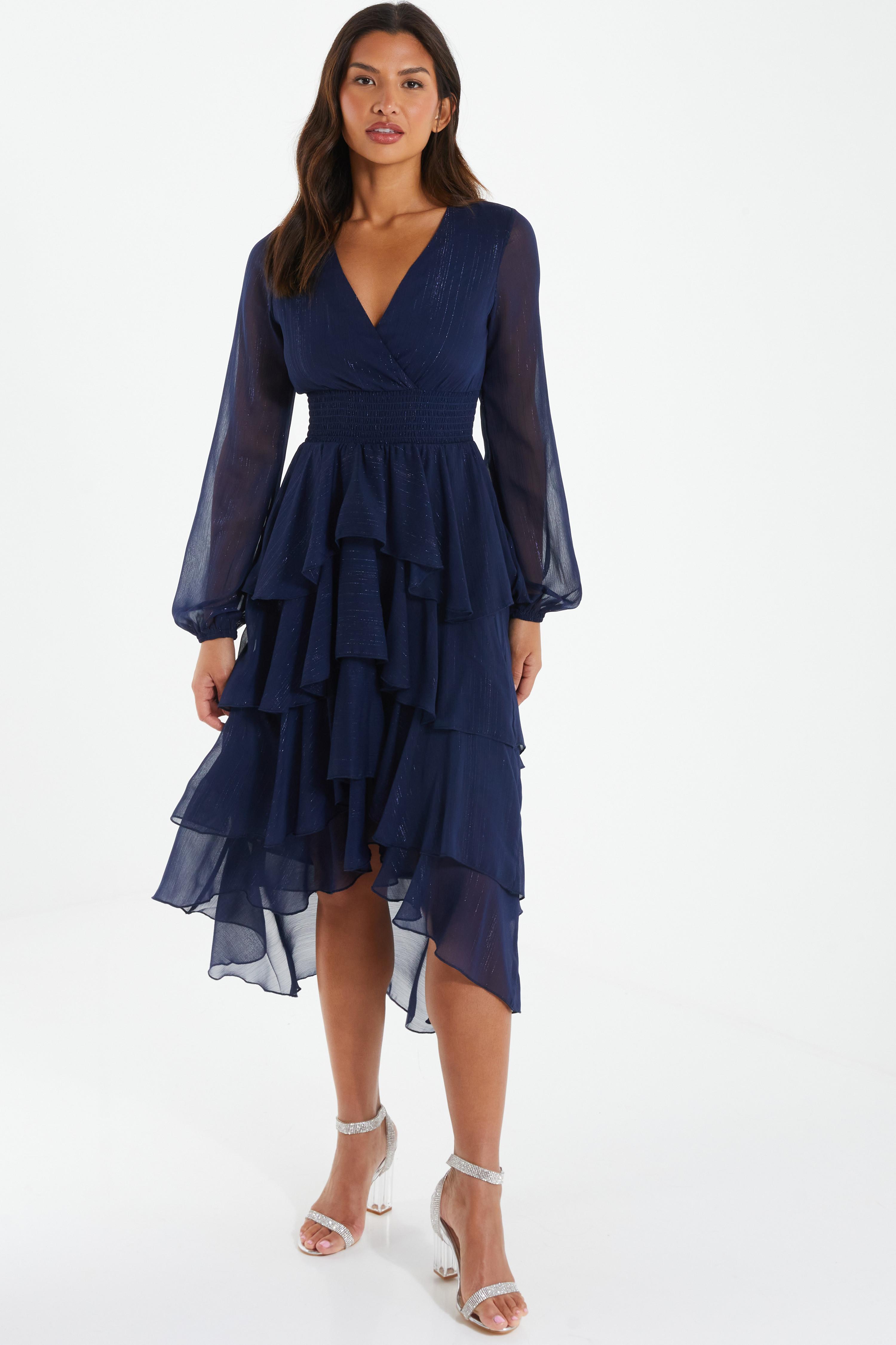 Navy Long Sleeve Tiered Midi Dress