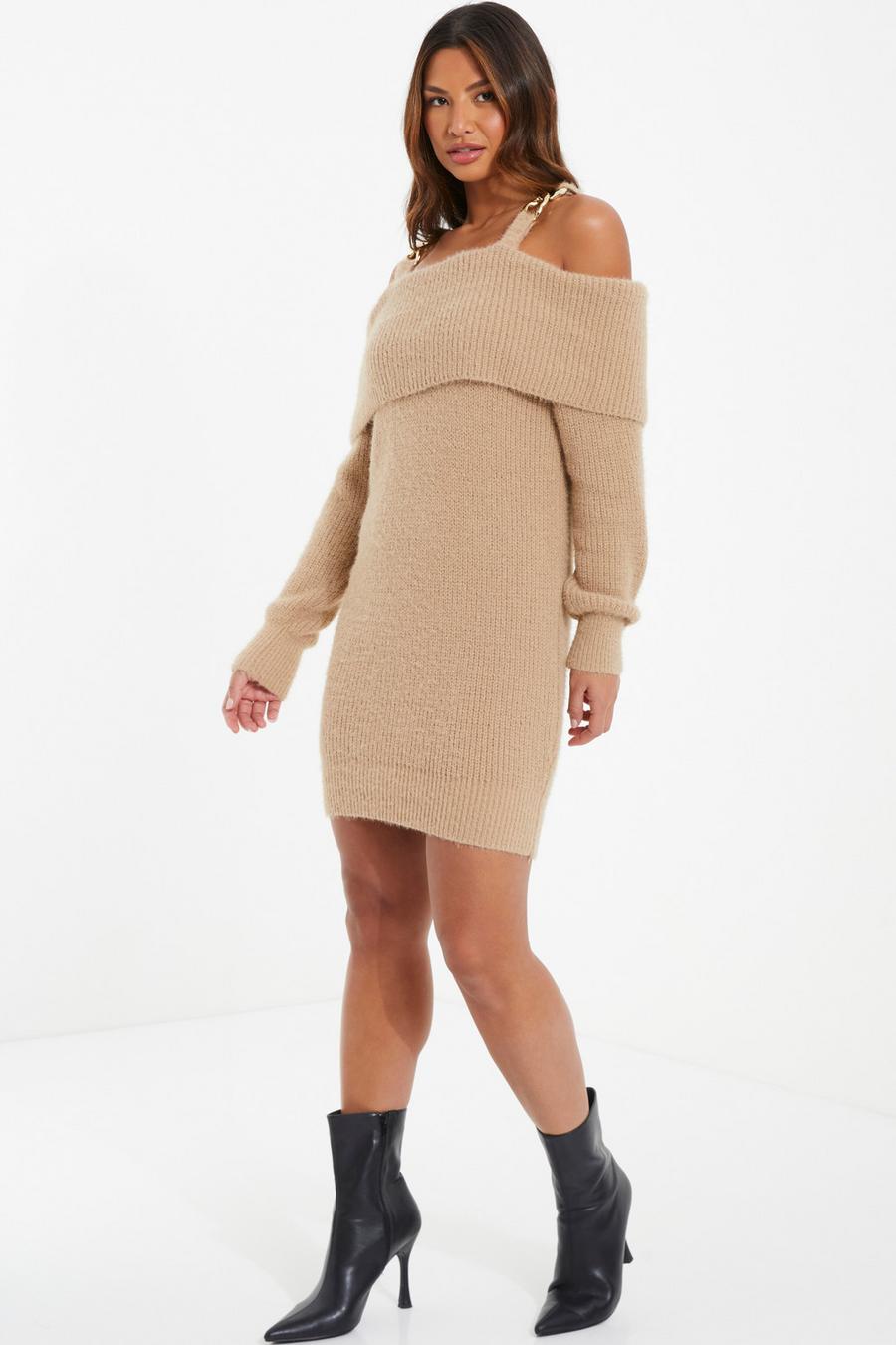 Stone Knitted Cold Shoulder Jumper Dress Quiz Clothing