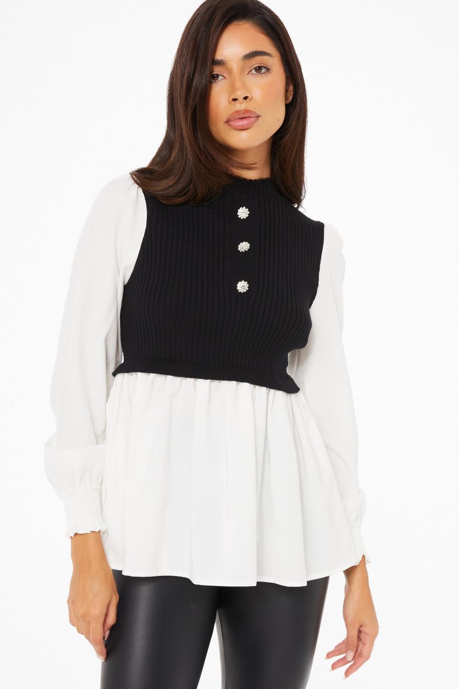 Black Layered Knit Frill Shirt - Quiz Clothing