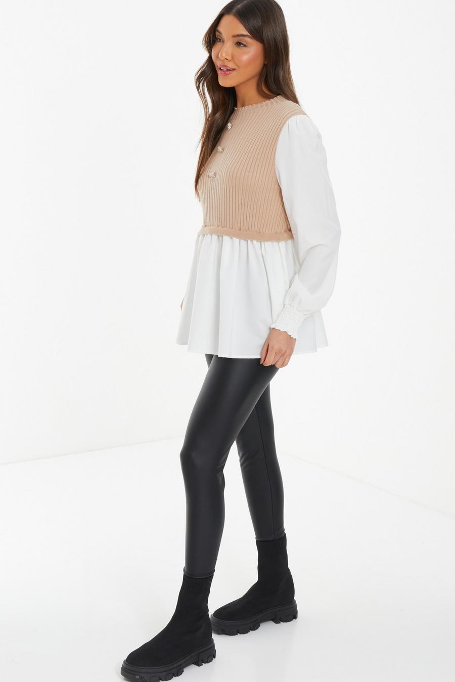 Stone Layered Knit Frill Shirt - Quiz Clothing