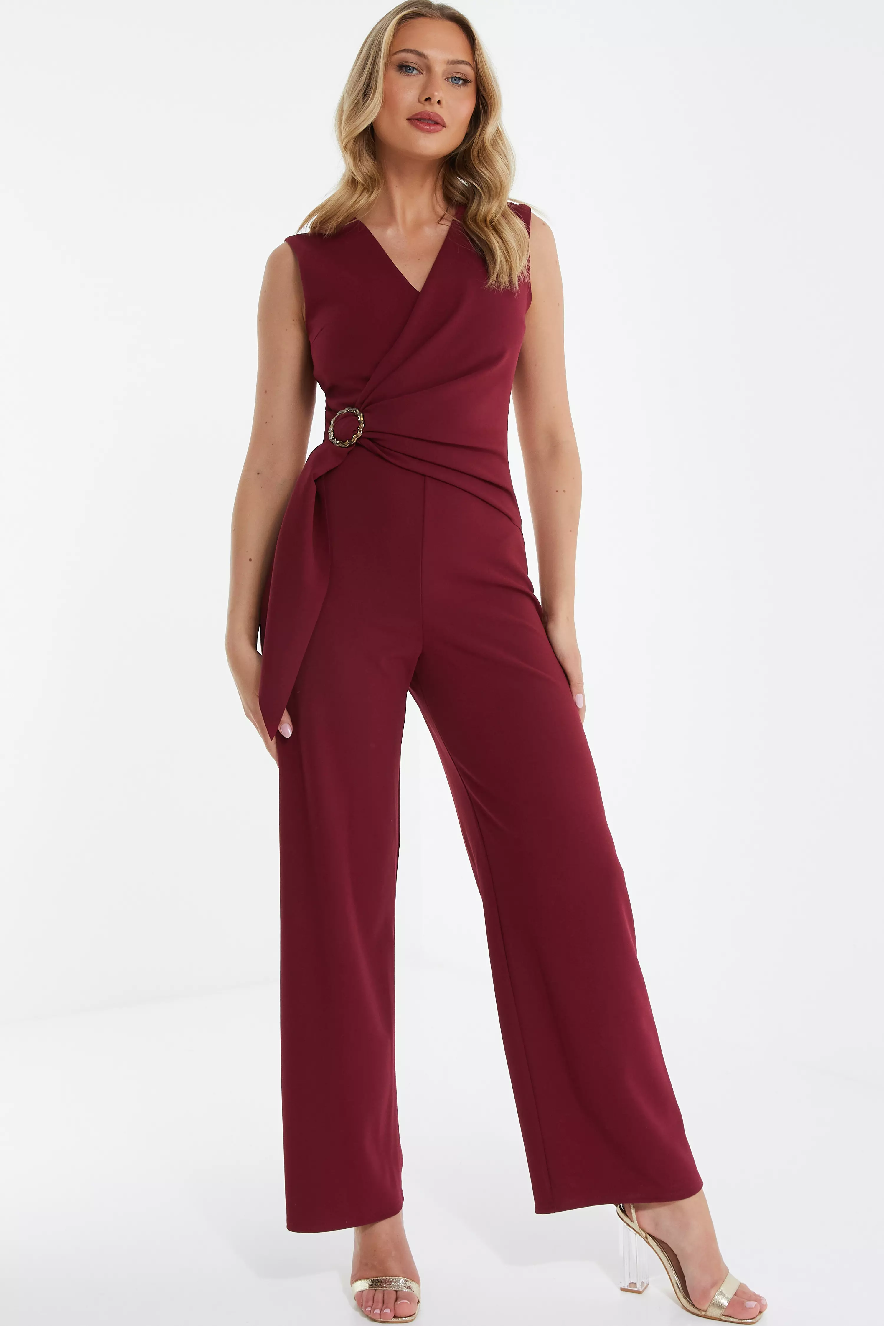 Red Ruched Waist Palazzo Jumpsuit - QUIZ Clothing