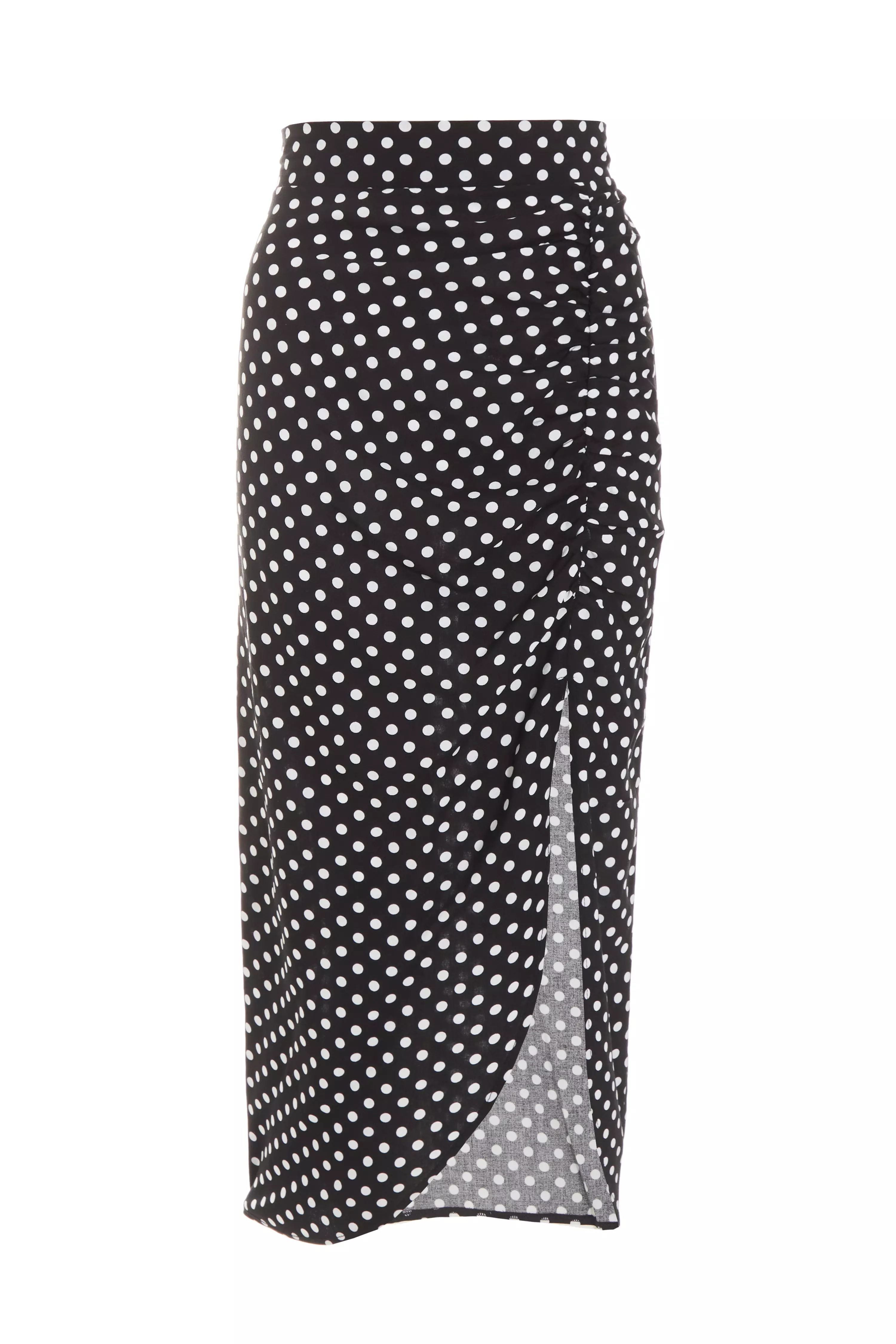 Black Polka Dot Ruched Midi Skirt - QUIZ Clothing