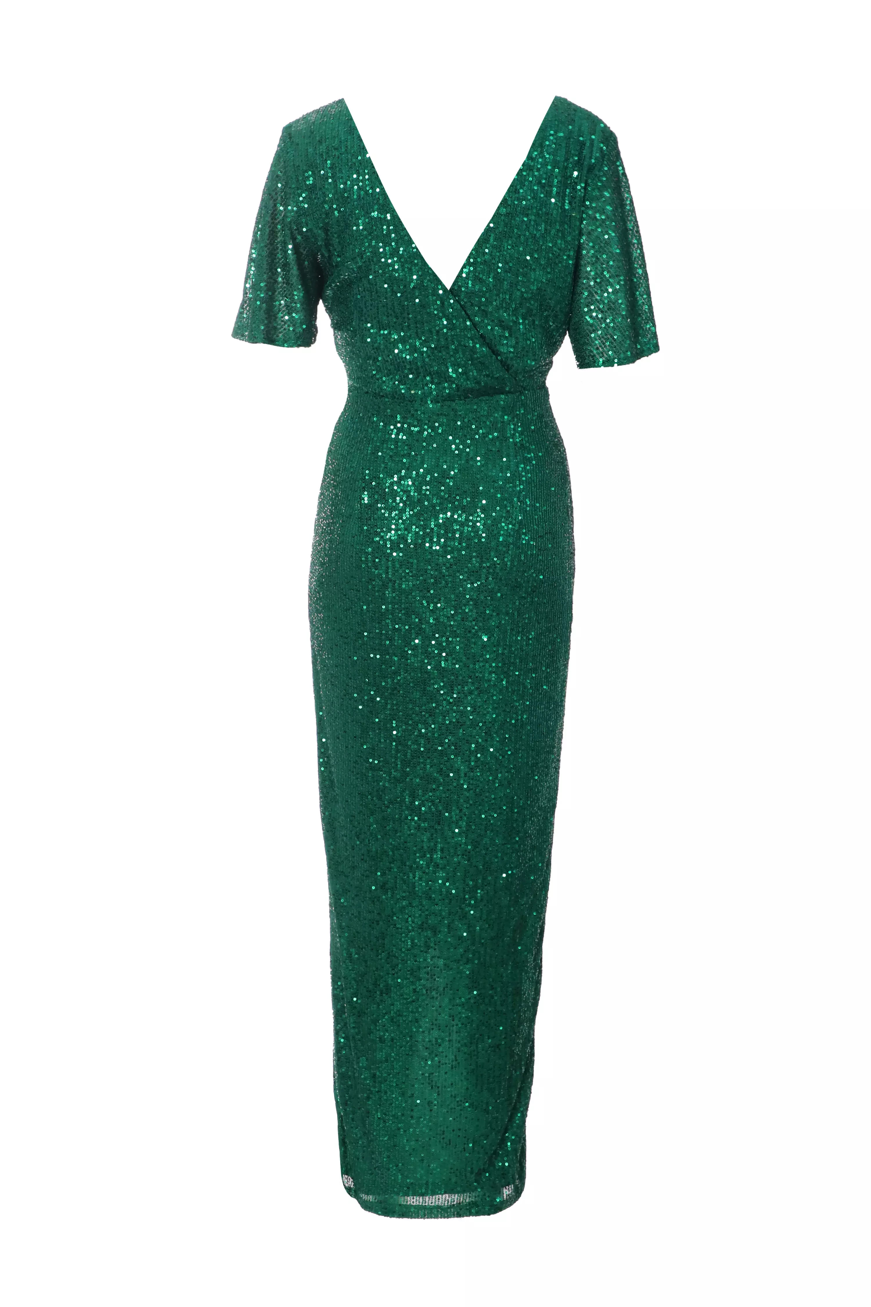 Petite Bottle Green Sequin Wrap Maxi Dress - QUIZ Clothing