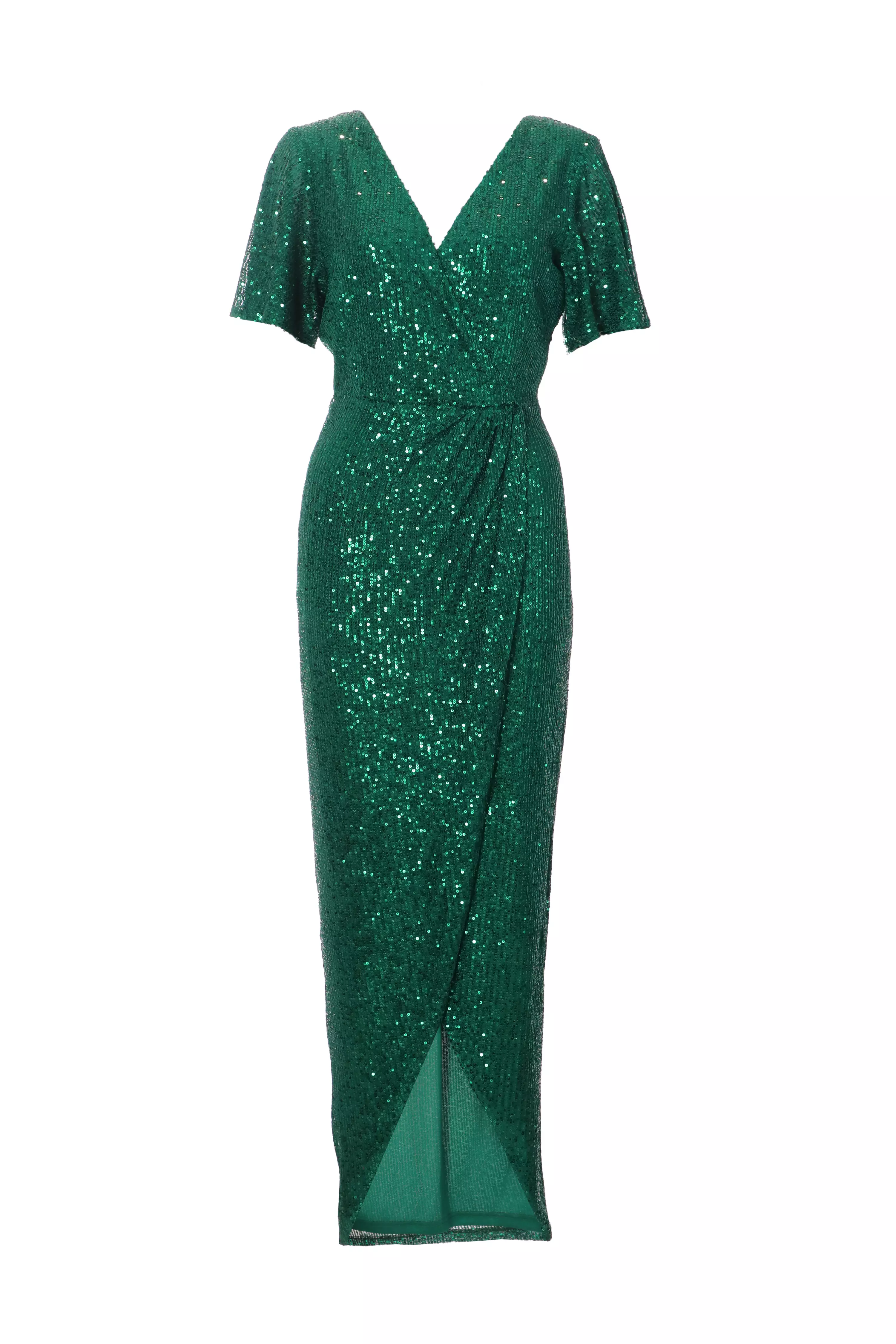 Petite Bottle Green Sequin Wrap Maxi Dress - QUIZ Clothing