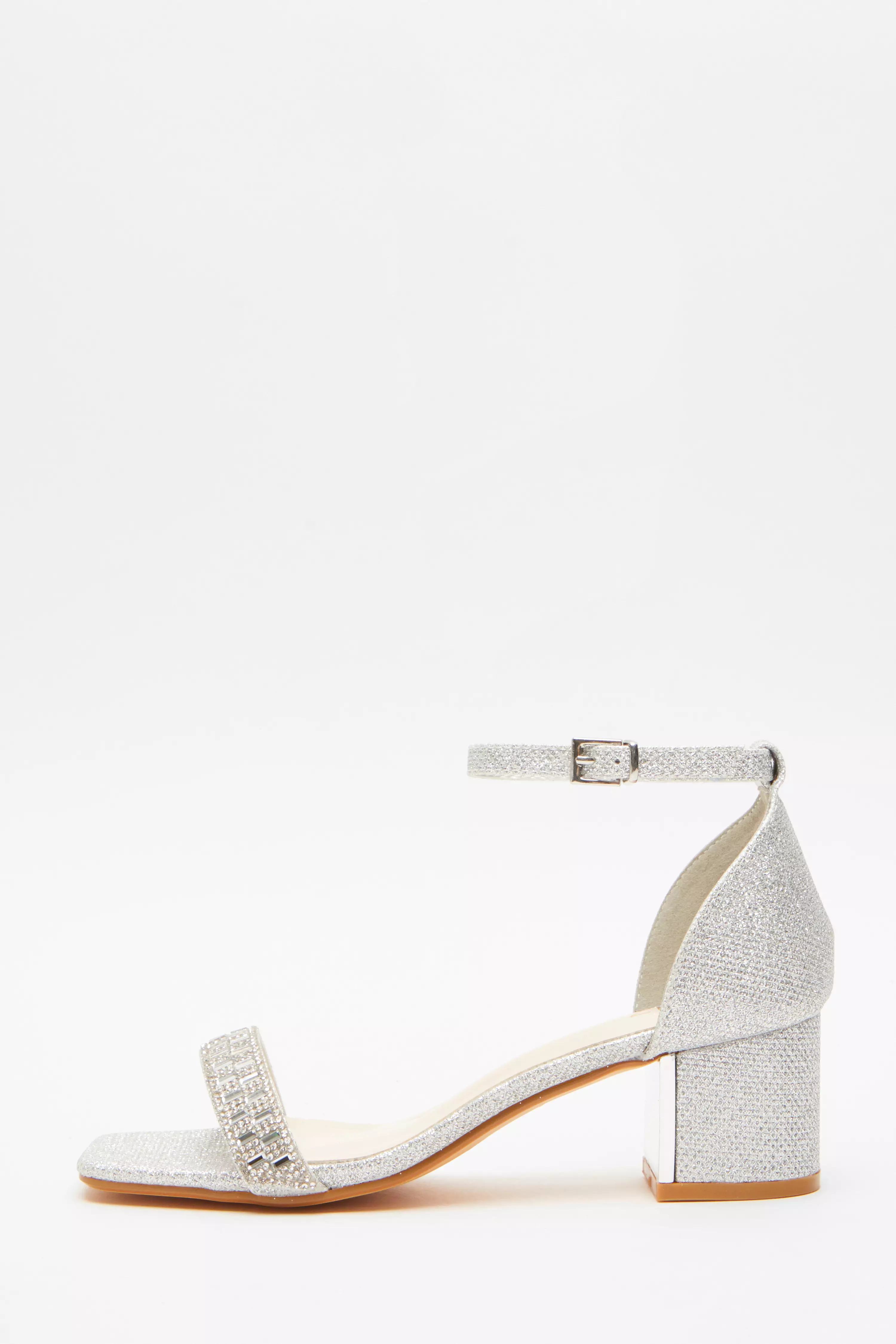 Silver Shimmer Low Block Heel Sandals - QUIZ Clothing