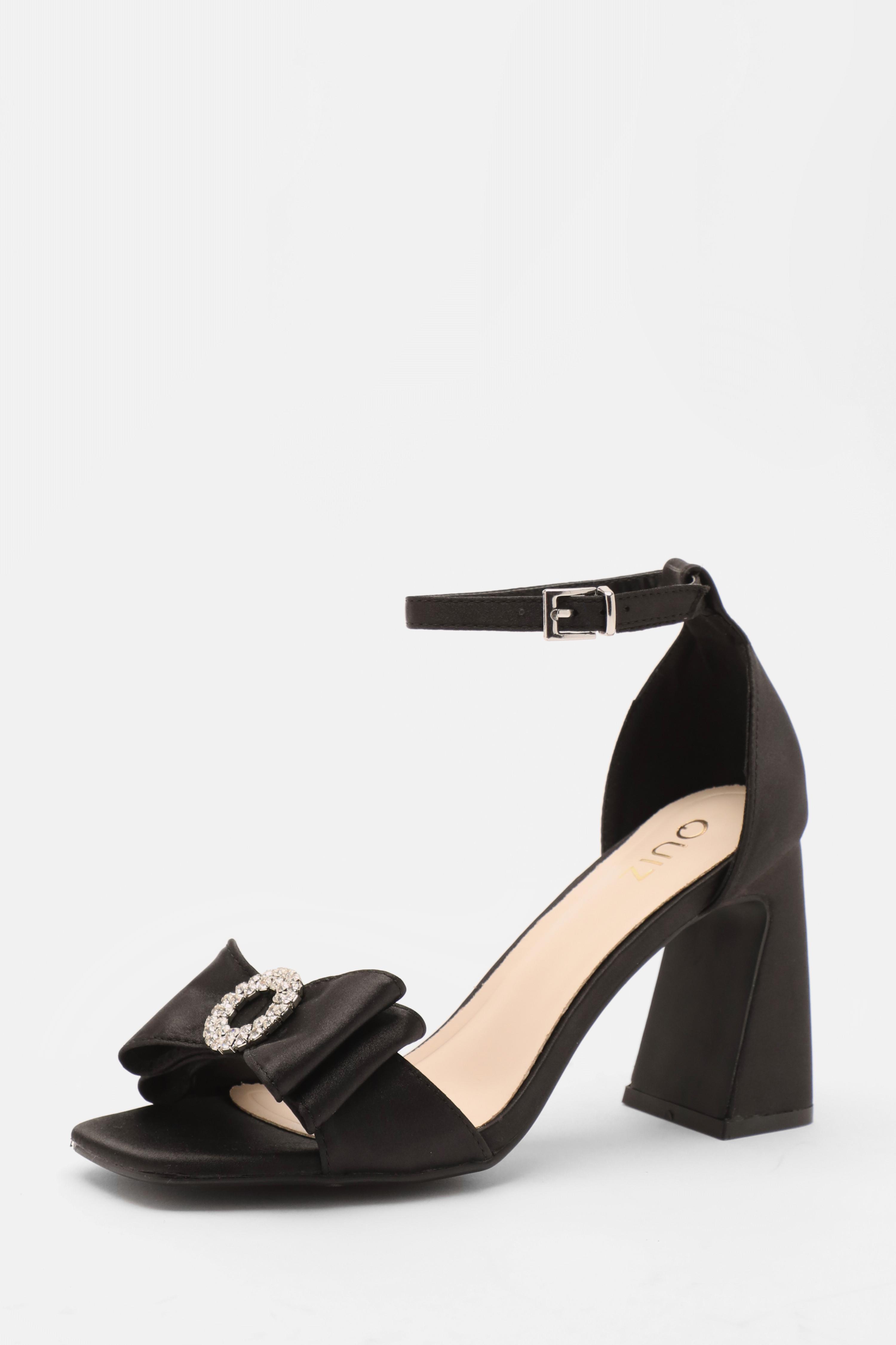 Black Satin Diamante Bow Block Heel