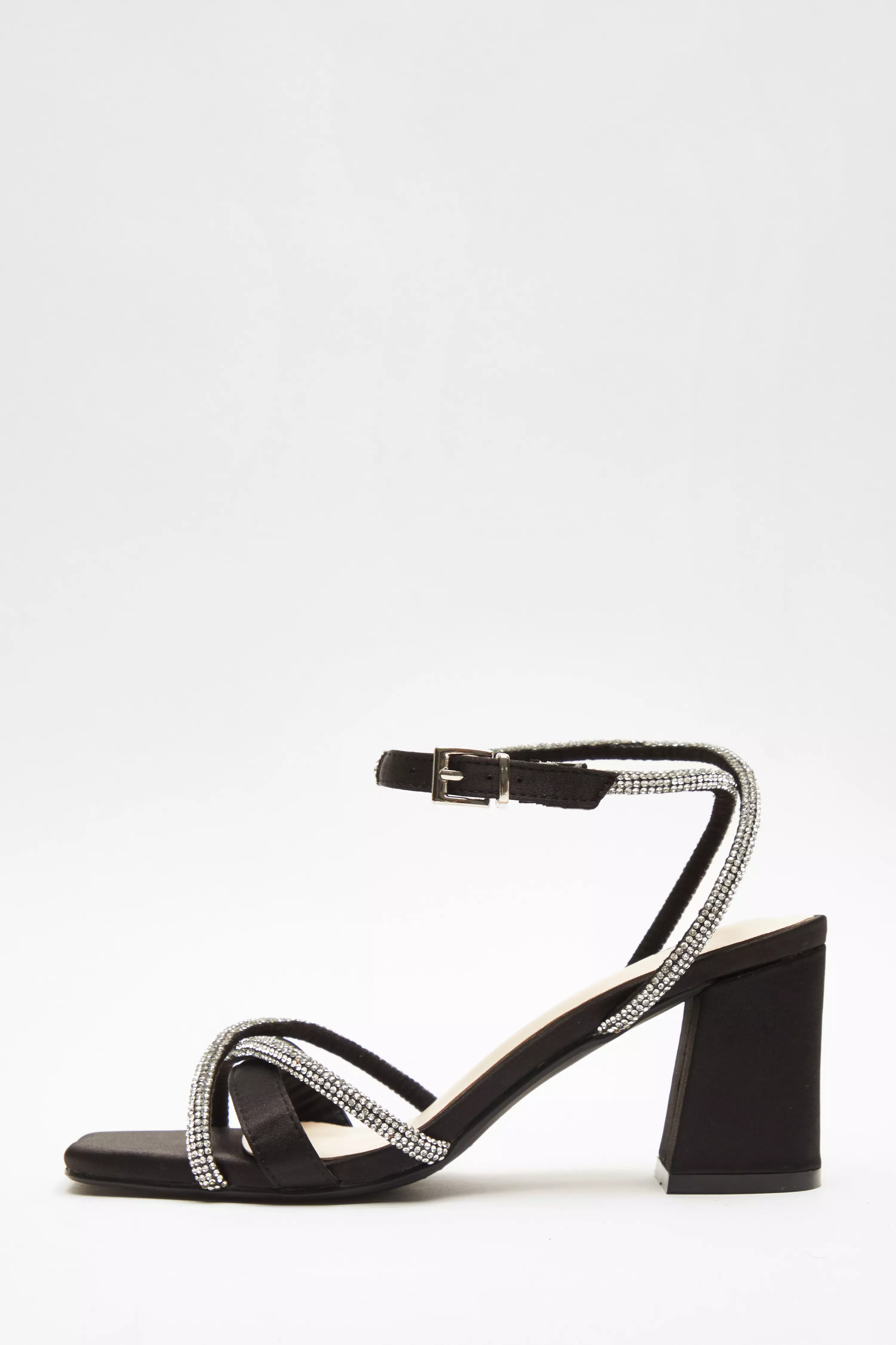 Black Satin Diamante Block Heeled Sandals - QUIZ Clothing
