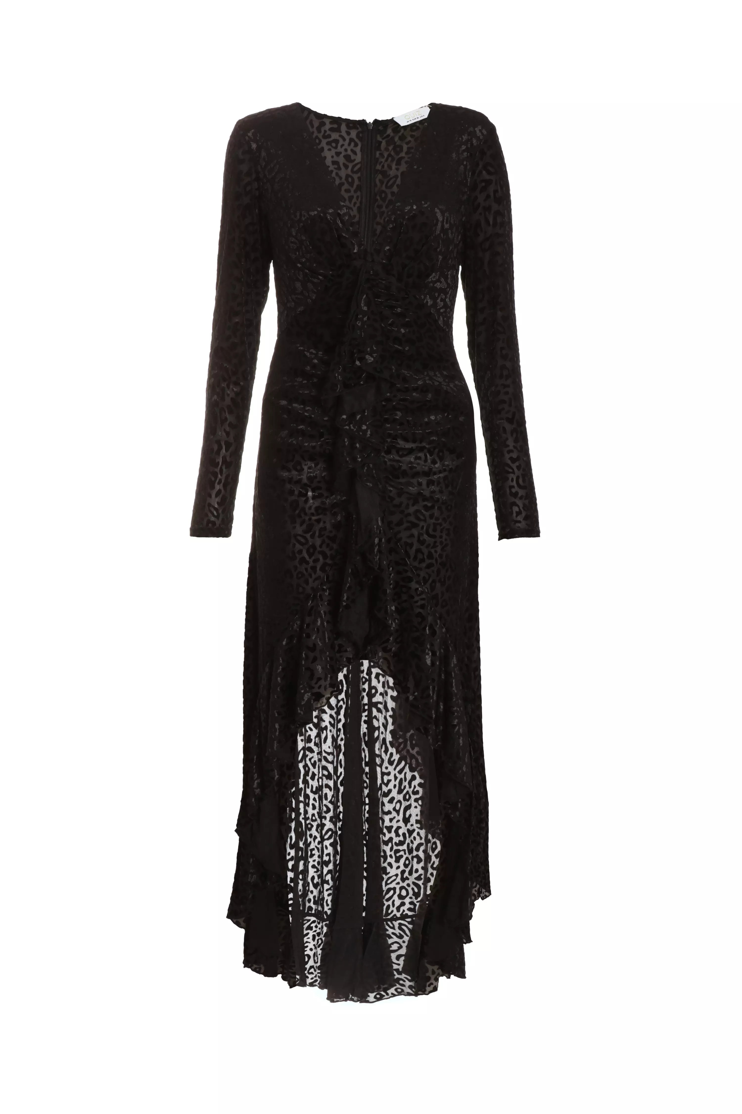 Black Velvet Animal Print Ruffle Maxi Dress - QUIZ Clothing