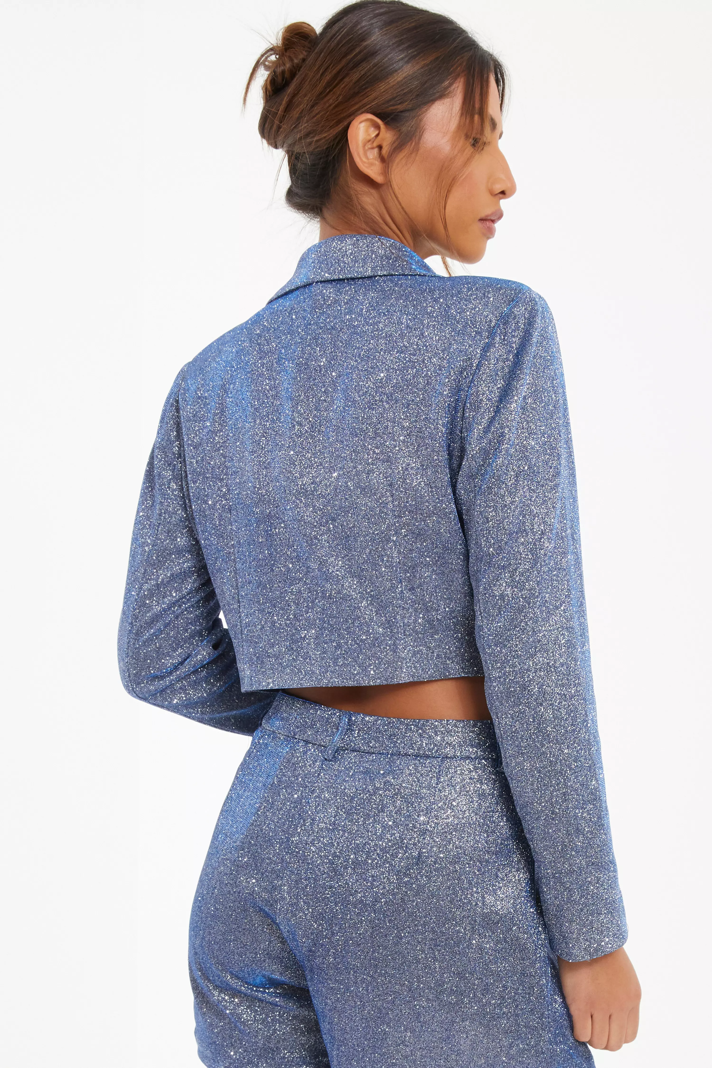 Blue Glitter Cropped Tailored Blazer QUIZ Clothing
