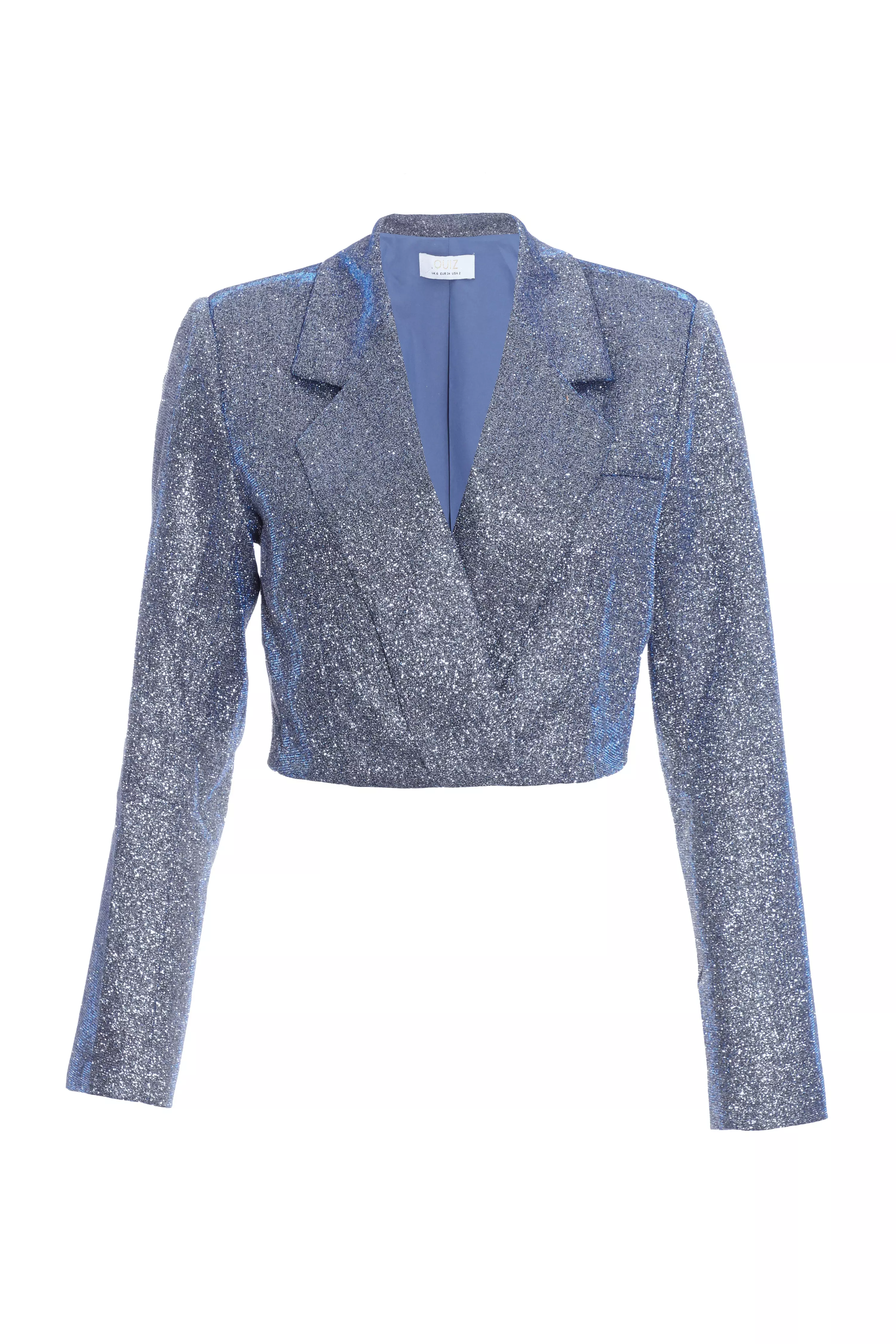 Blue Glitter Cropped Tailored Blazer QUIZ Clothing