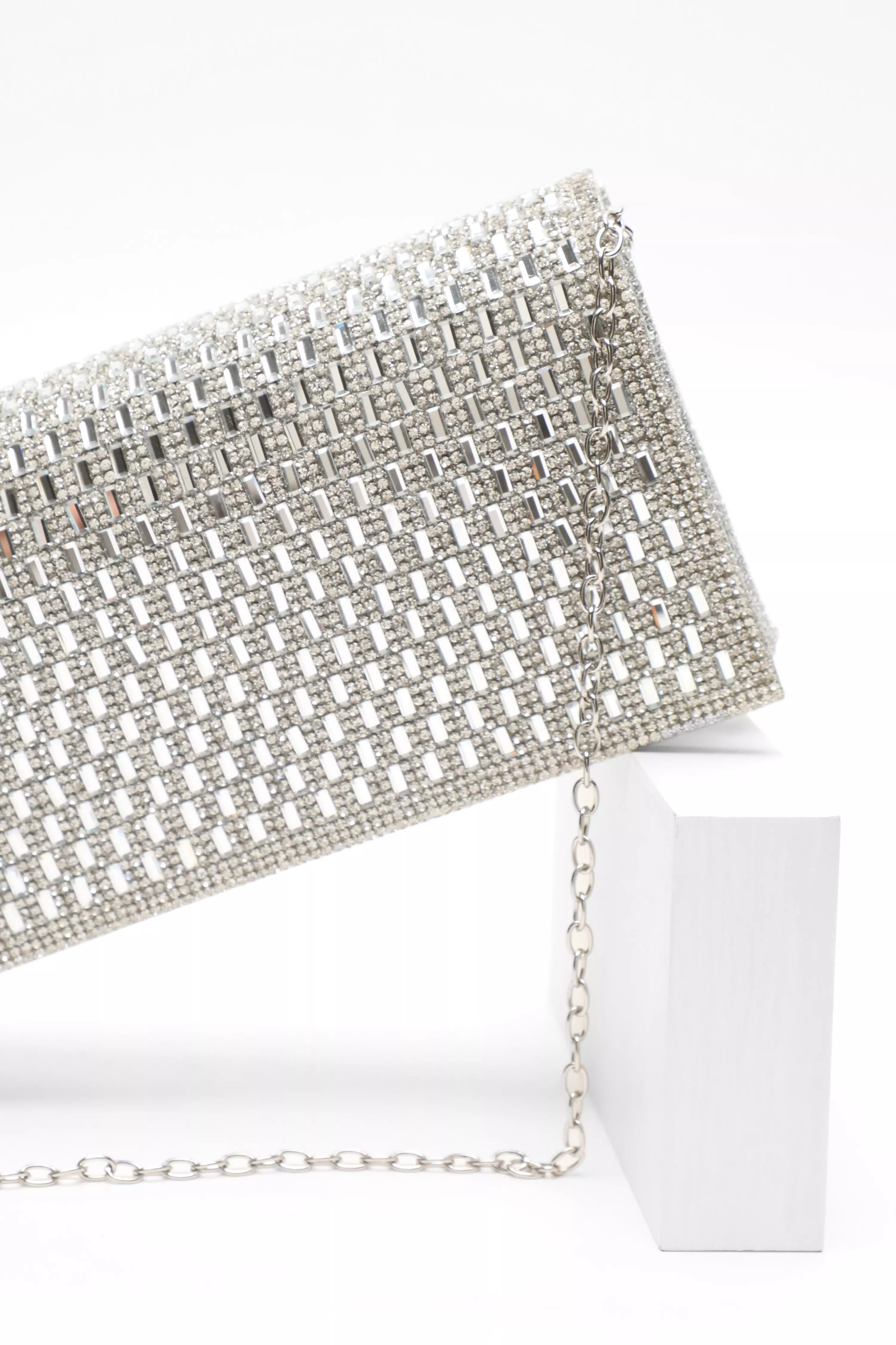 Silver Diamante Shimmer Clutch Bag QUIZ Clothing