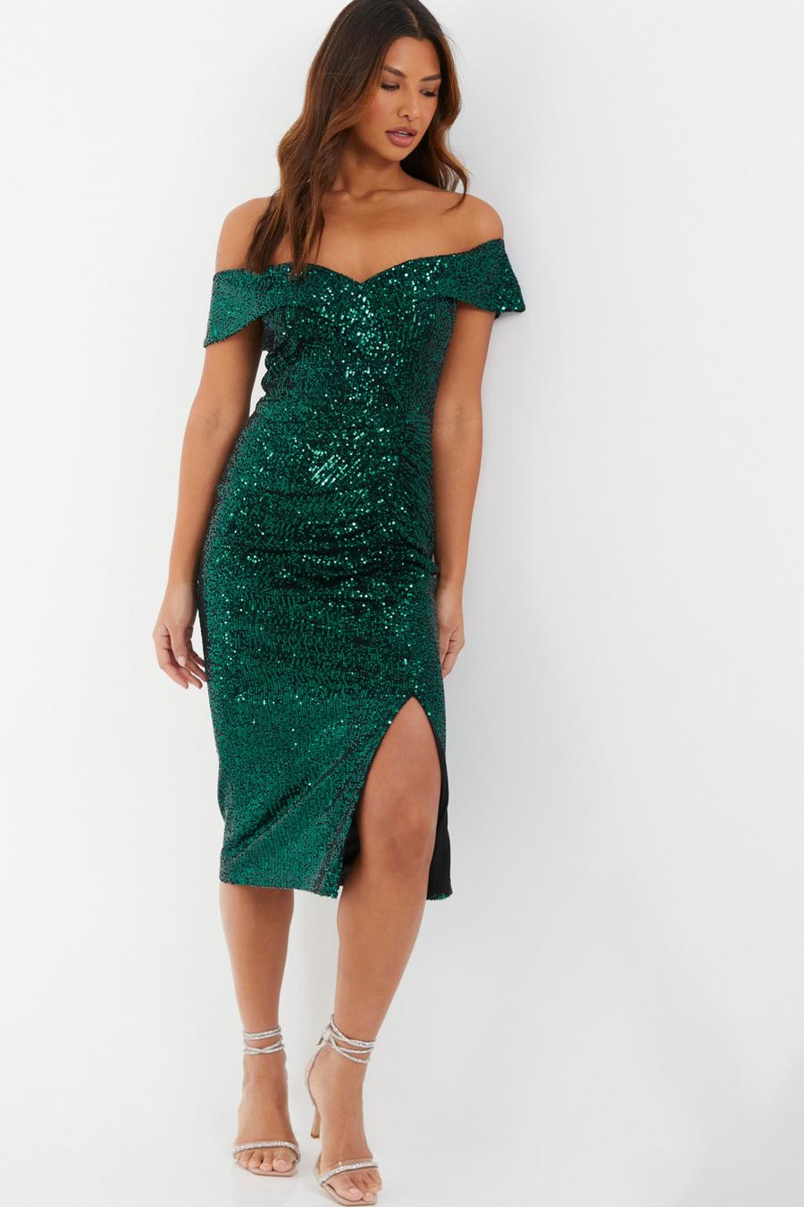 Green Sequin Bardot Split Midi Dress Quiz Clothing