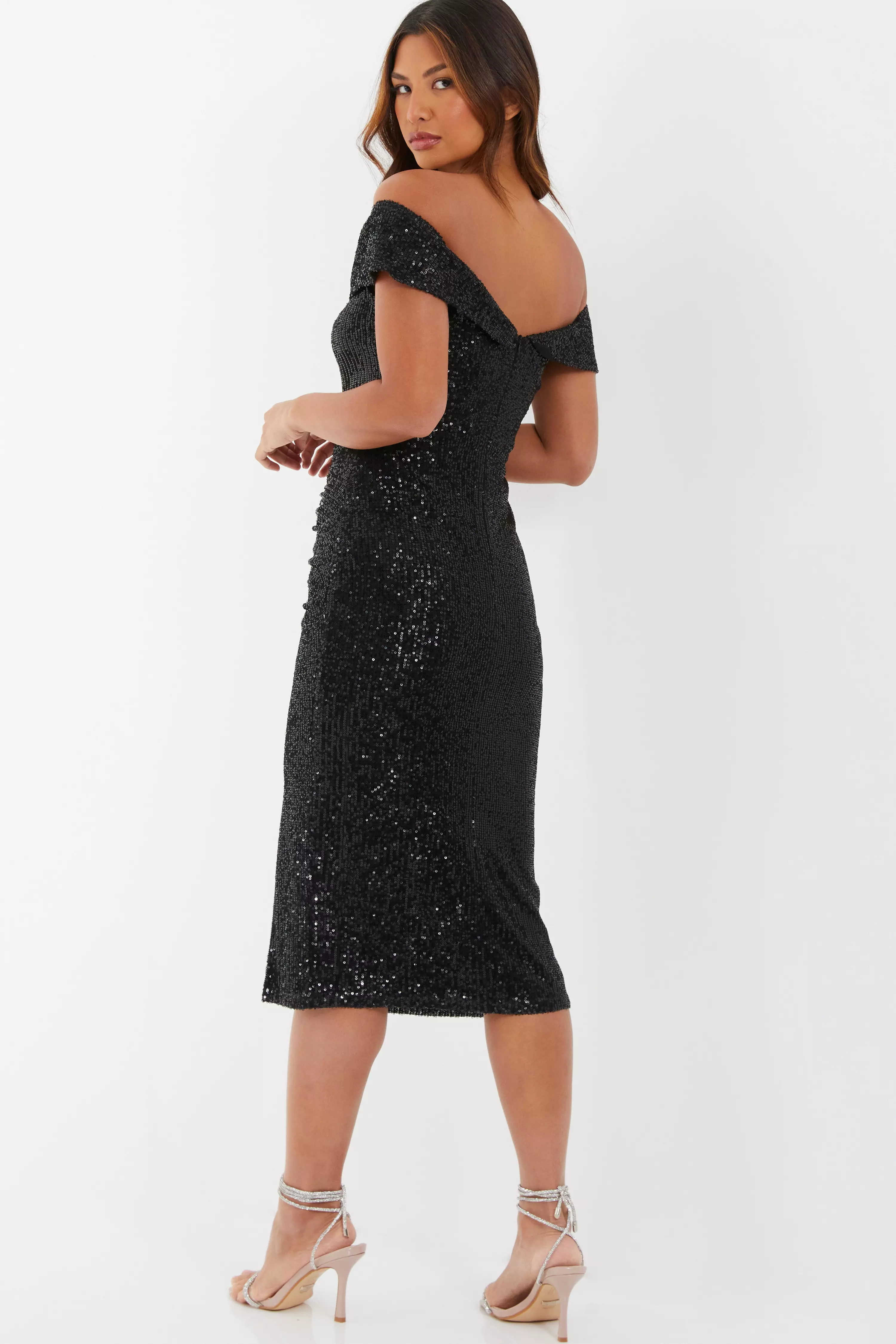 Black Sequin Bardot Split Midi Dress QUIZ Clothing