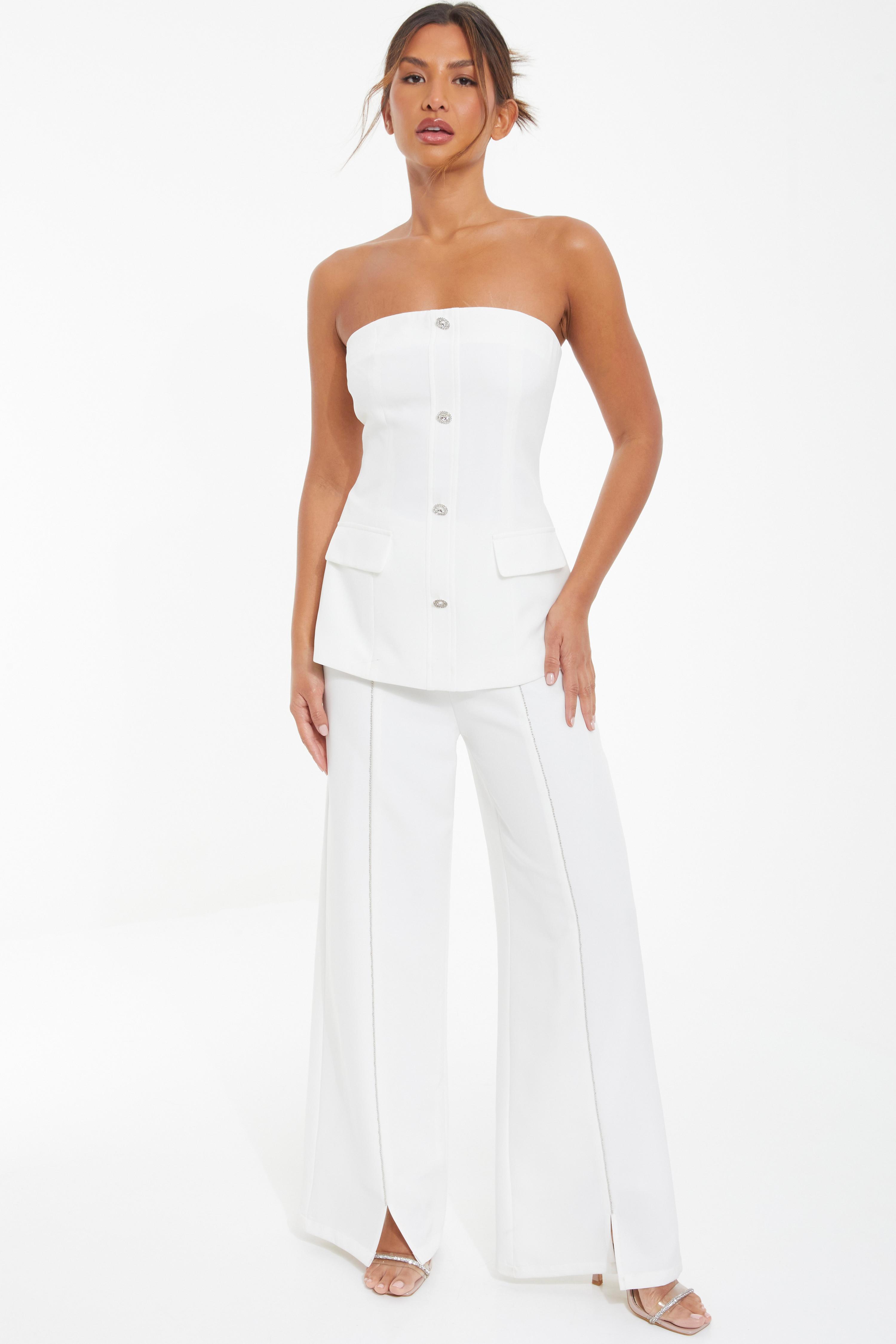 White Embellished Trim Wide Leg Trousers QUIZ Clothing