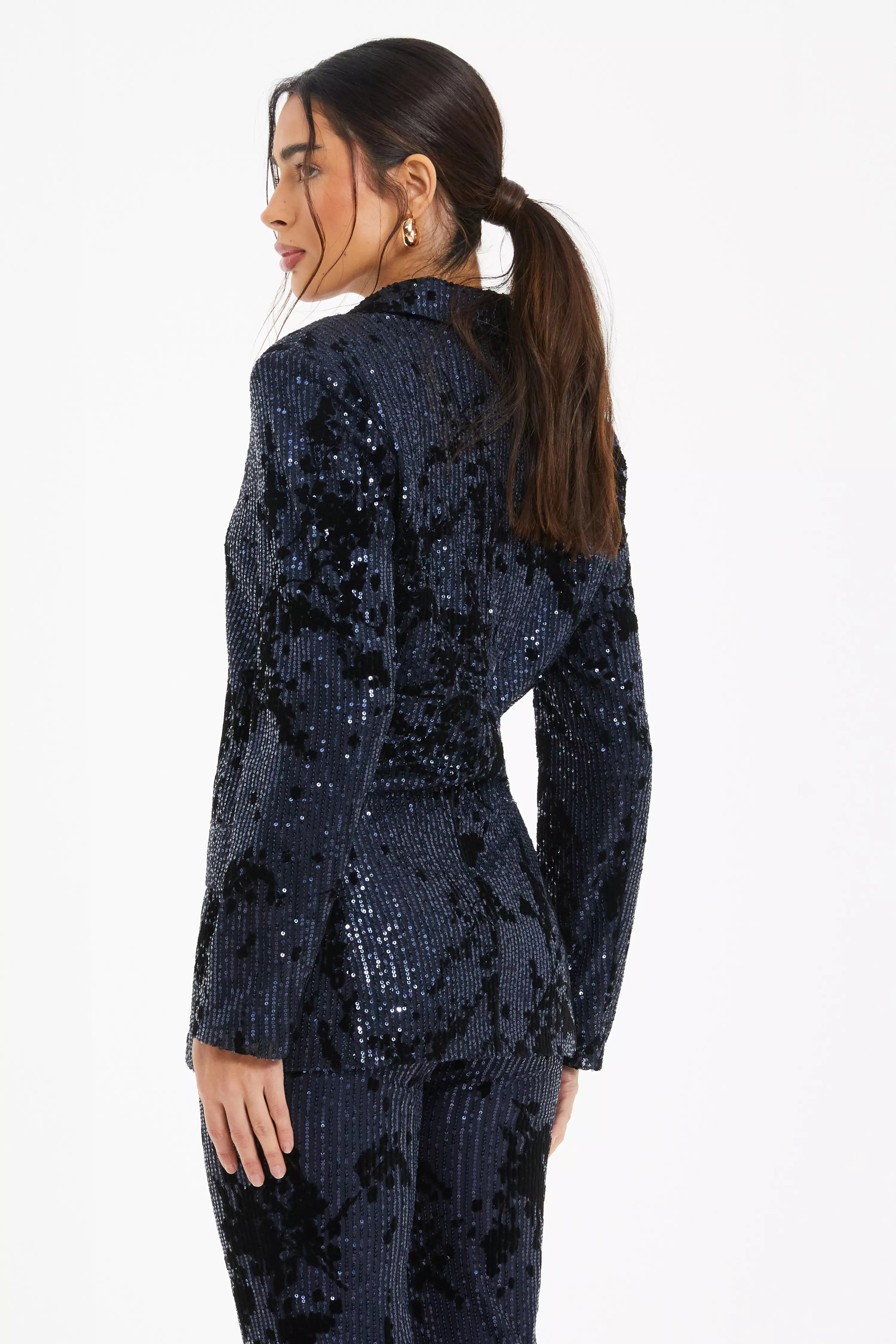Navy Sequin Flocked Tailored Blazer QUIZ Clothing