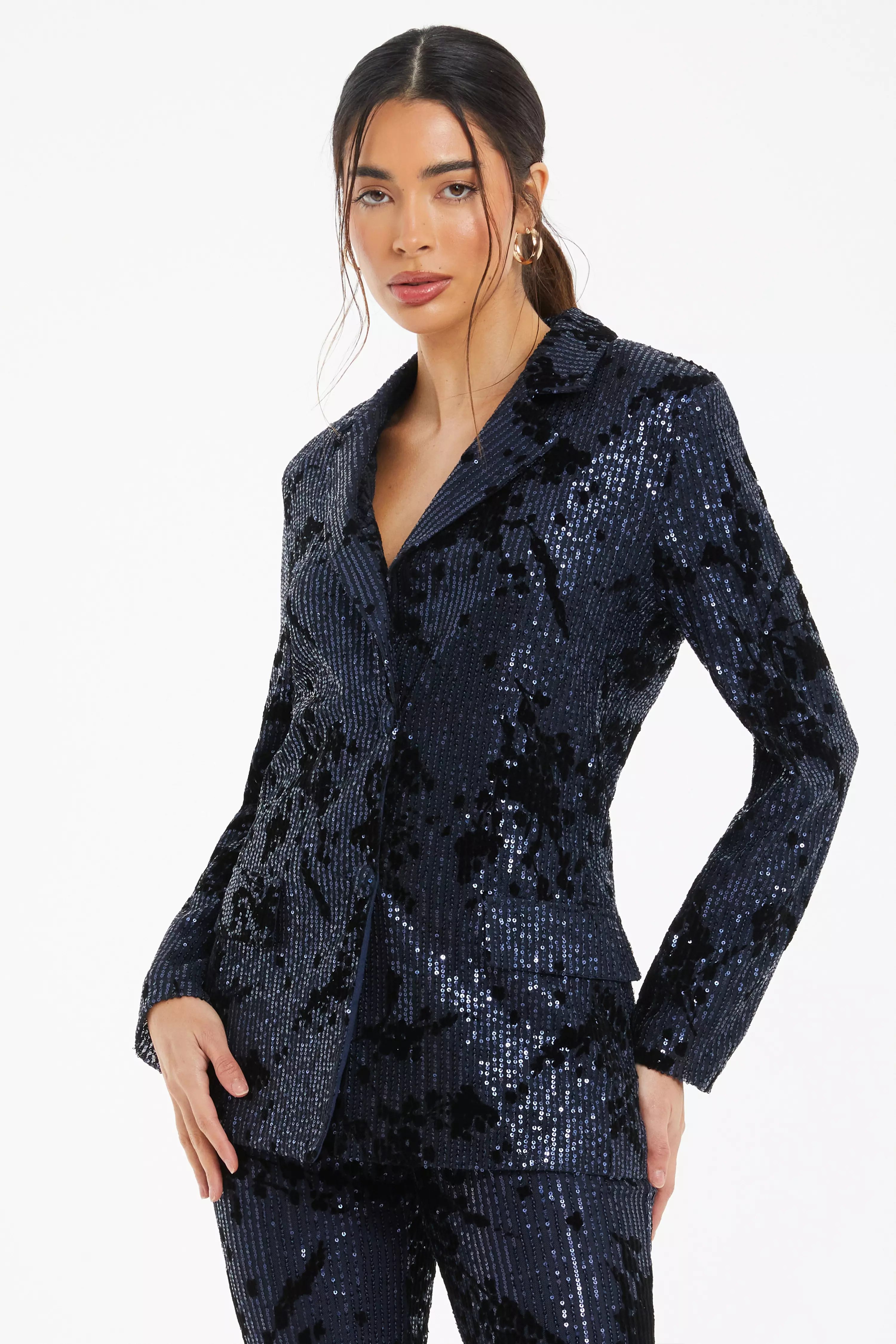 Navy Sequin Flocked Tailored Blazer QUIZ Clothing