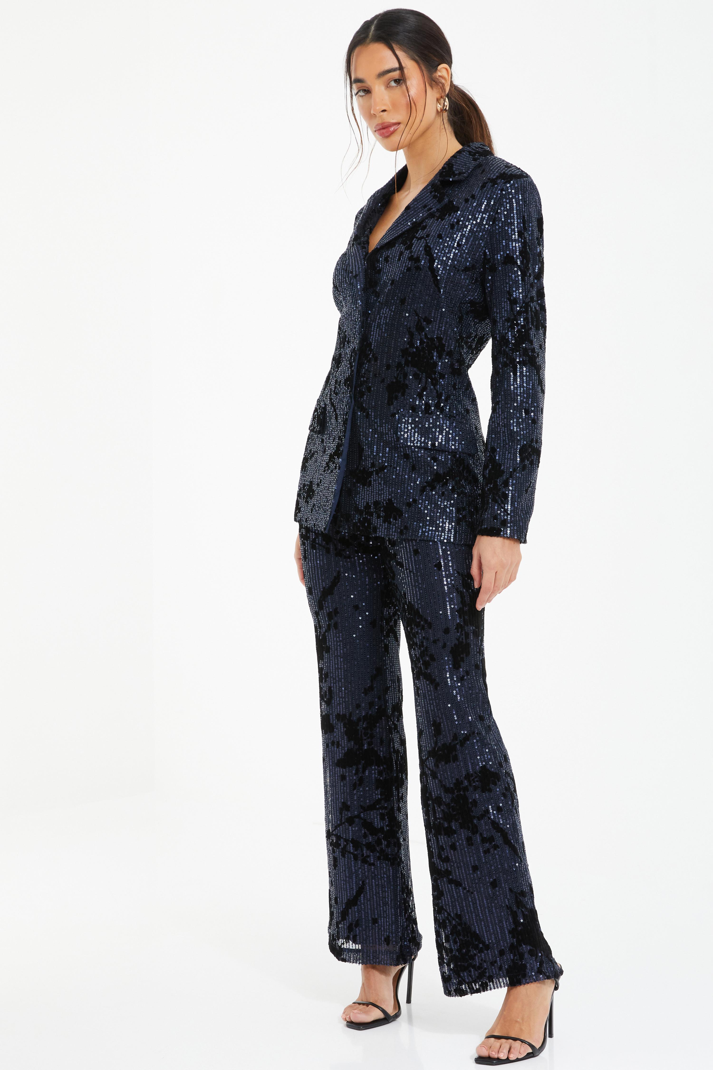 Navy Sequin Flocked Tailored Blazer QUIZ Clothing
