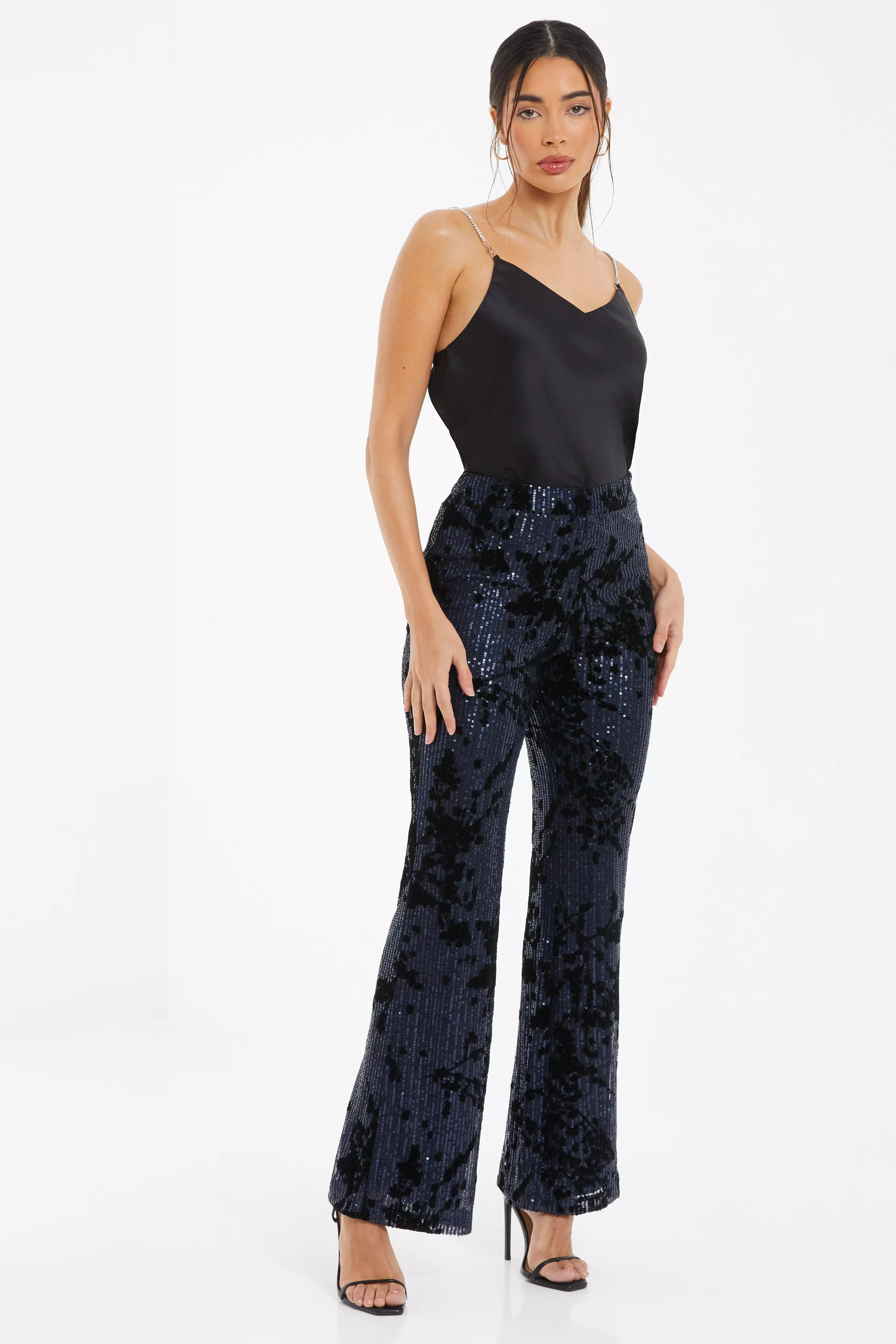 Navy Sequin Flocked Flared Trousers - QUIZ Clothing