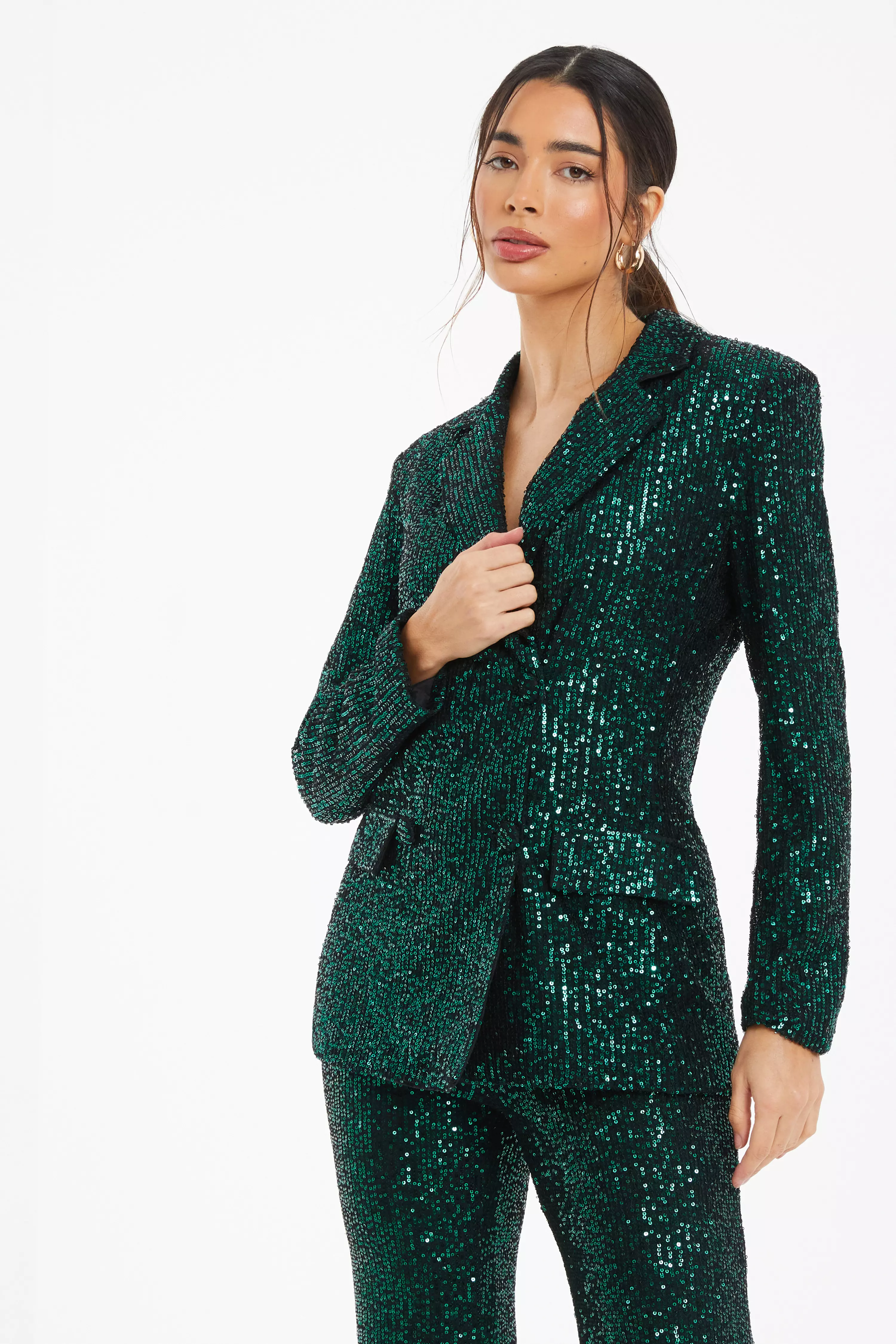 Bottle Green Sequin Tailored Blazer QUIZ Clothing