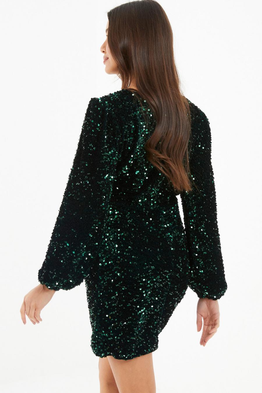 In Awe | Petite Bottle Green Sequin Wrap Long Sleeve Belted Mini Dress