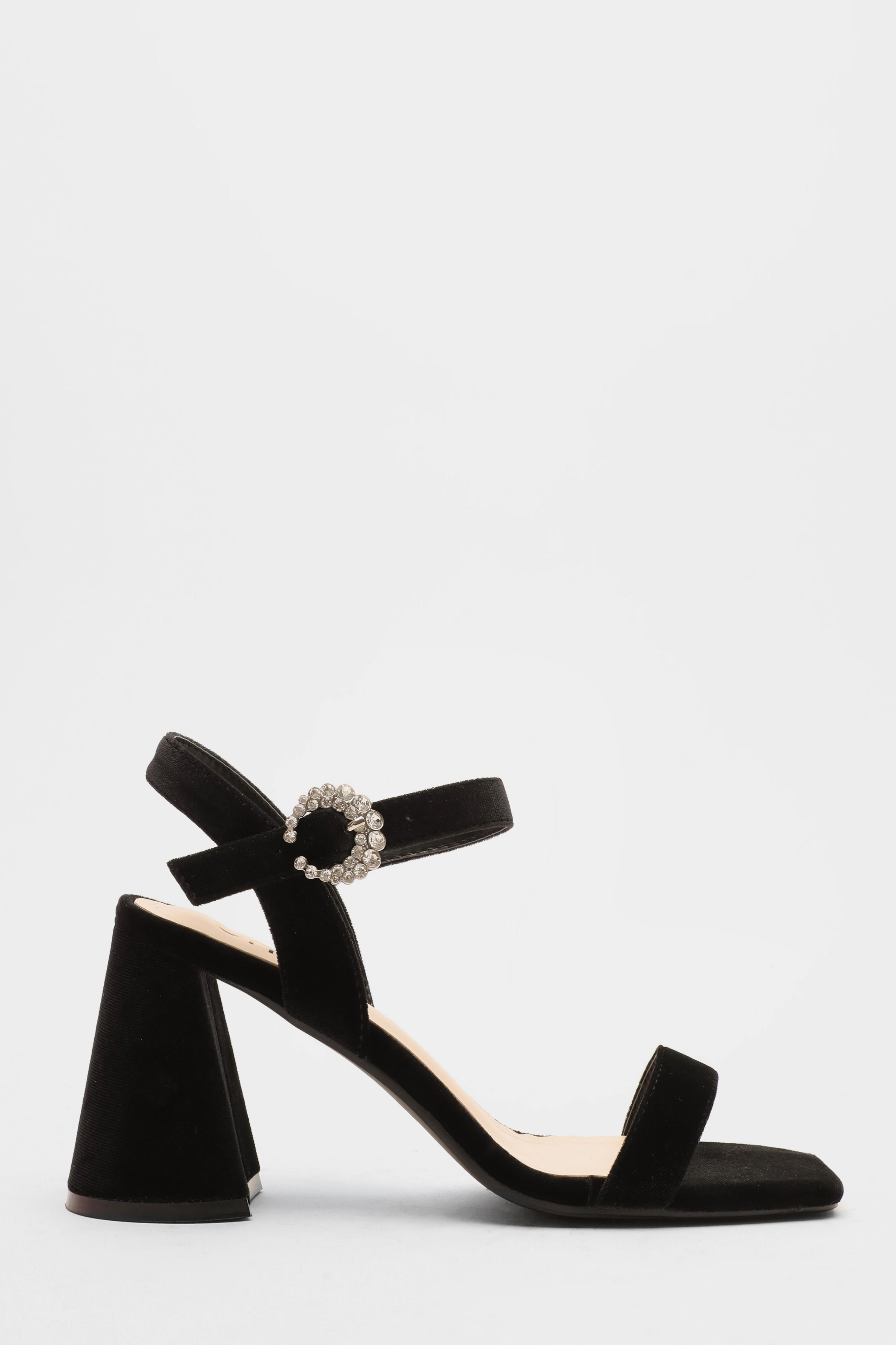 Black Velvet Diamante Buckle Block Heels
