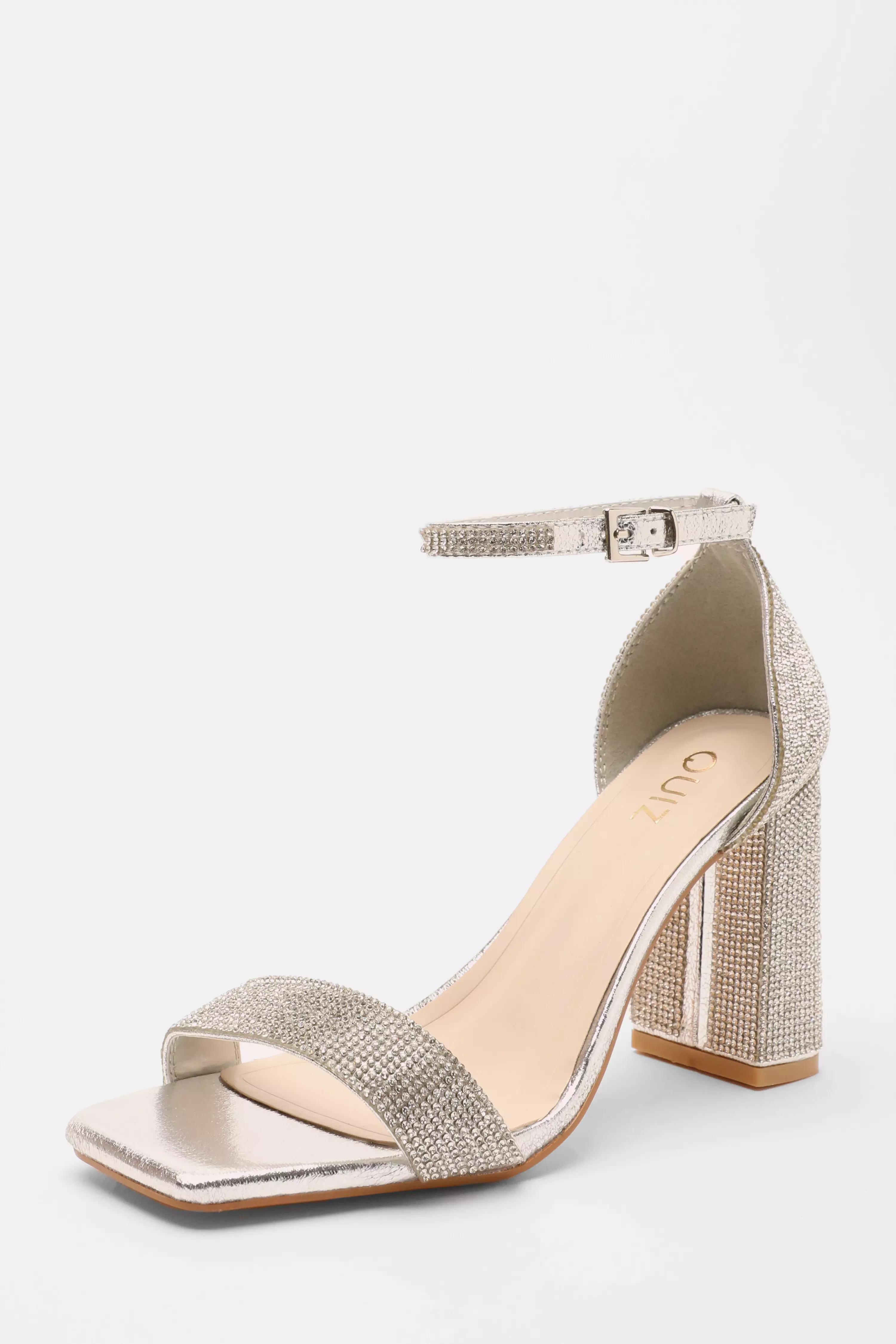 Silver Diamante Block Heeled Sandals - QUIZ Clothing