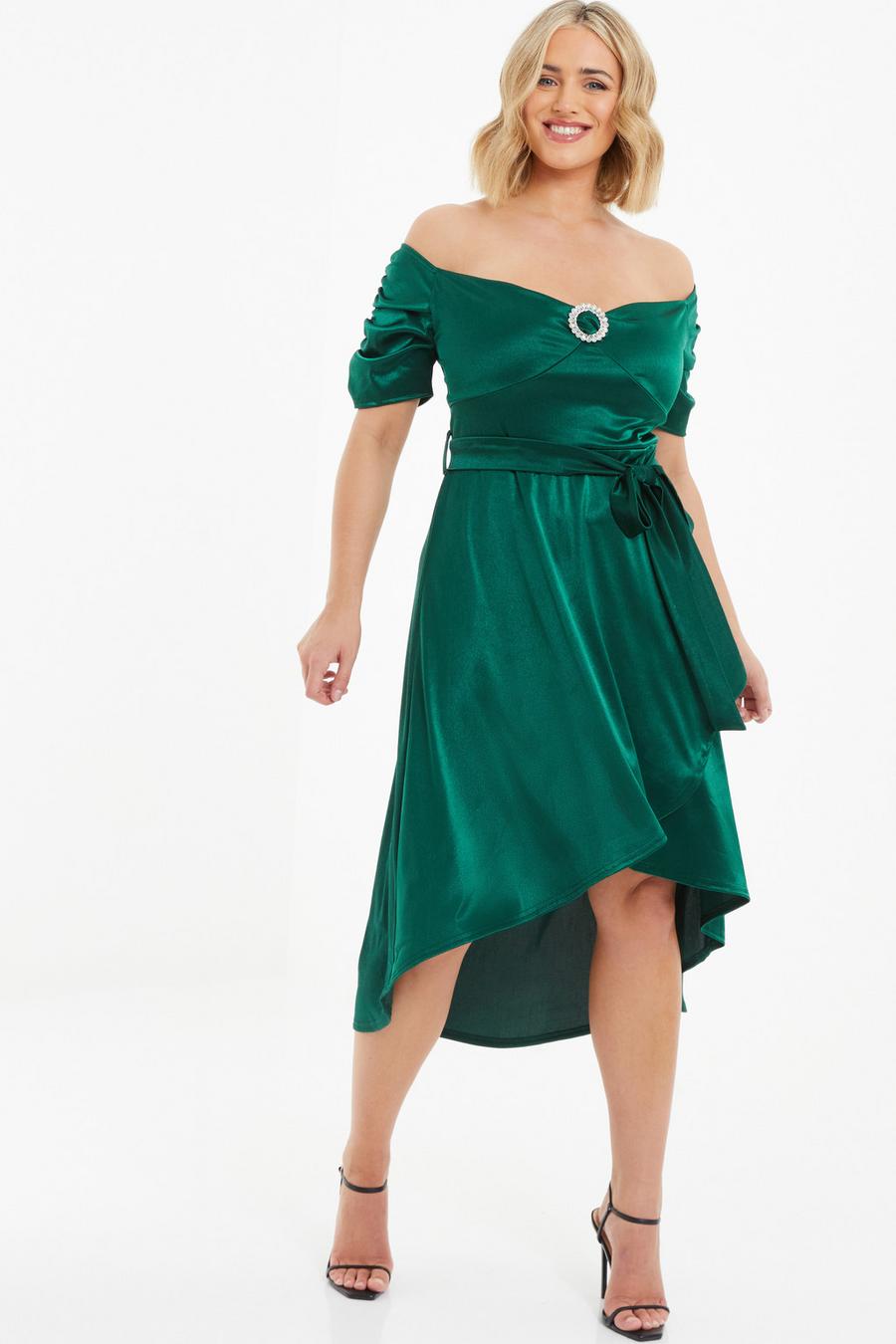 Bottle green bardot dip hem clearance dress