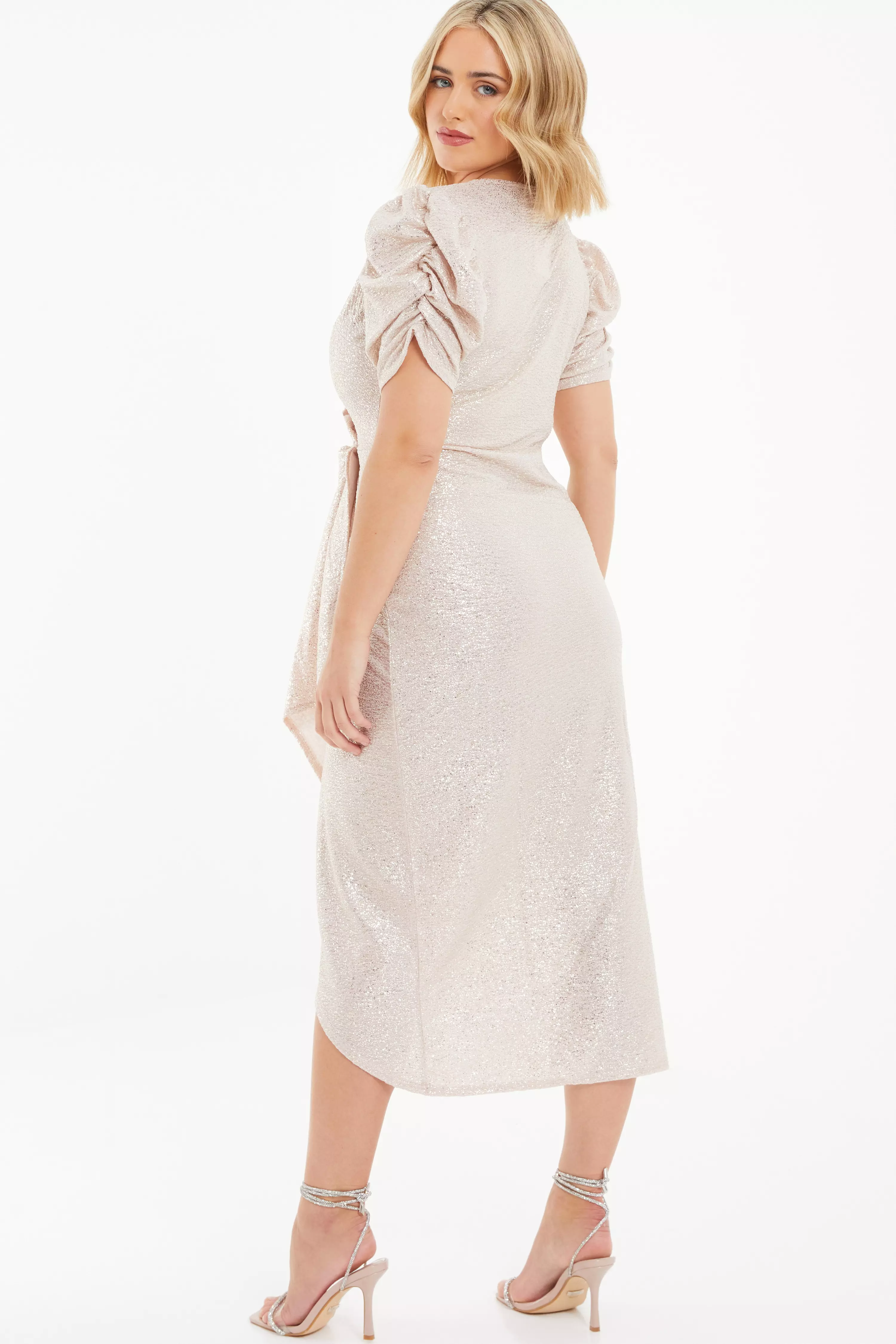 Curve Champagne Foil Wrap Midi Dress - QUIZ Clothing