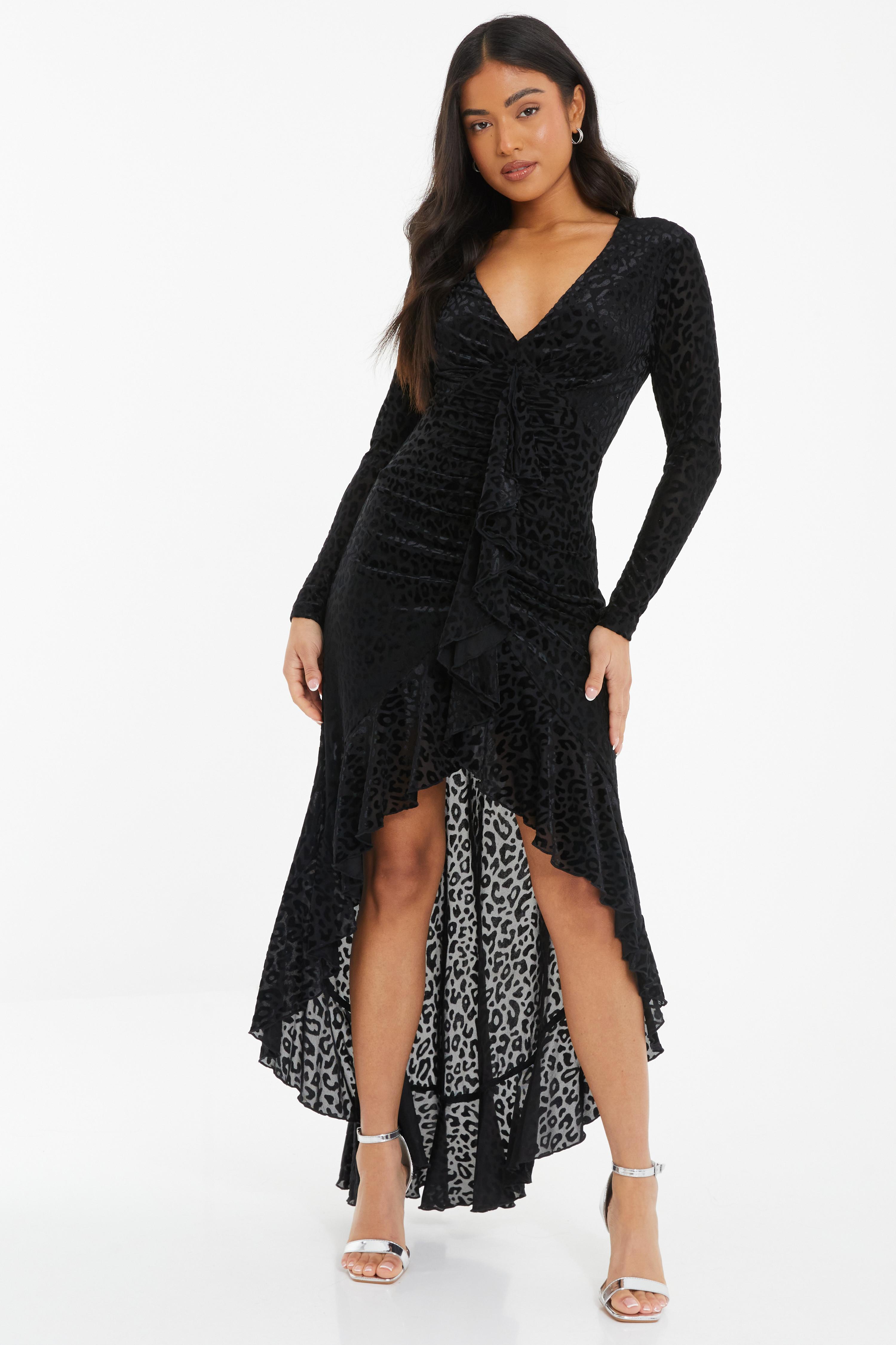 Petite Black Animal Print Velvet Ruffle Maxi Dress