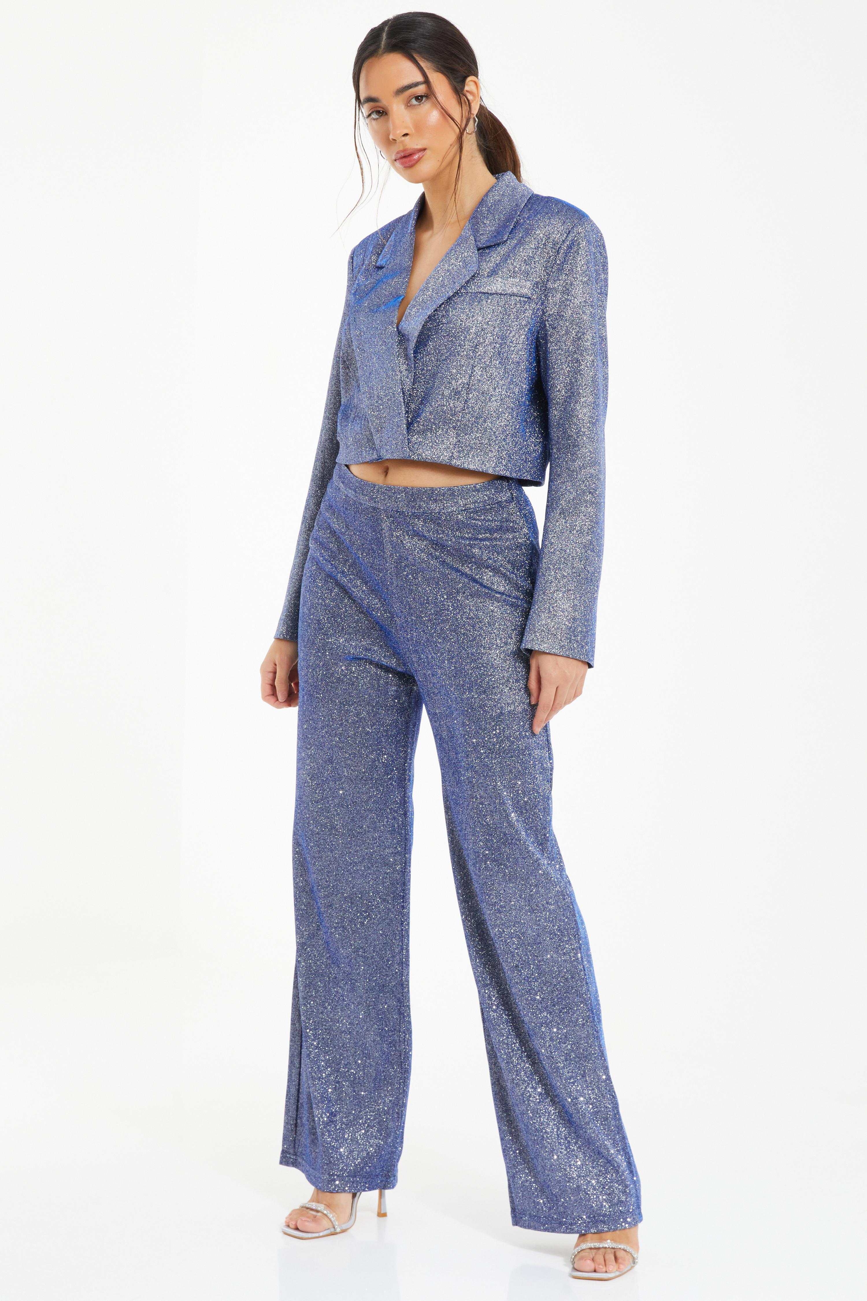 Blue Glitter Palazzo Trousers QUIZ Clothing